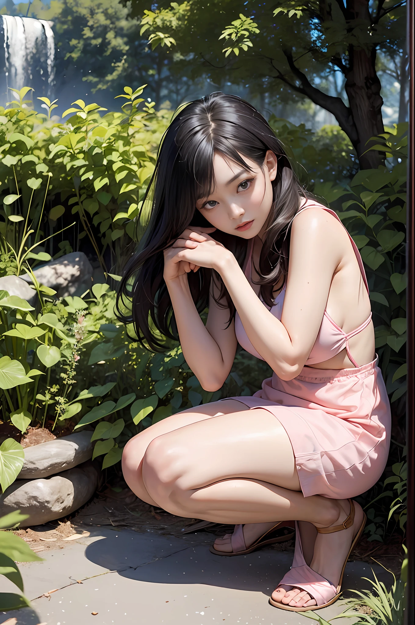 Official art, 统一 8k 壁纸, ultra-detailliert, Beautifully Aesthetic, masterpiece, top-quality, girl with, High school students,A dark-haired, japanes,dynamic ungle, Cowboy Shot, bright colour, (half: 1.2), (Dreams: 1.5), (Han Feng: 1.5),reallistic,a picture,A sexy,fullnude,Soft look,erotick,The place is in nature,Underwear is light blue,crouching down