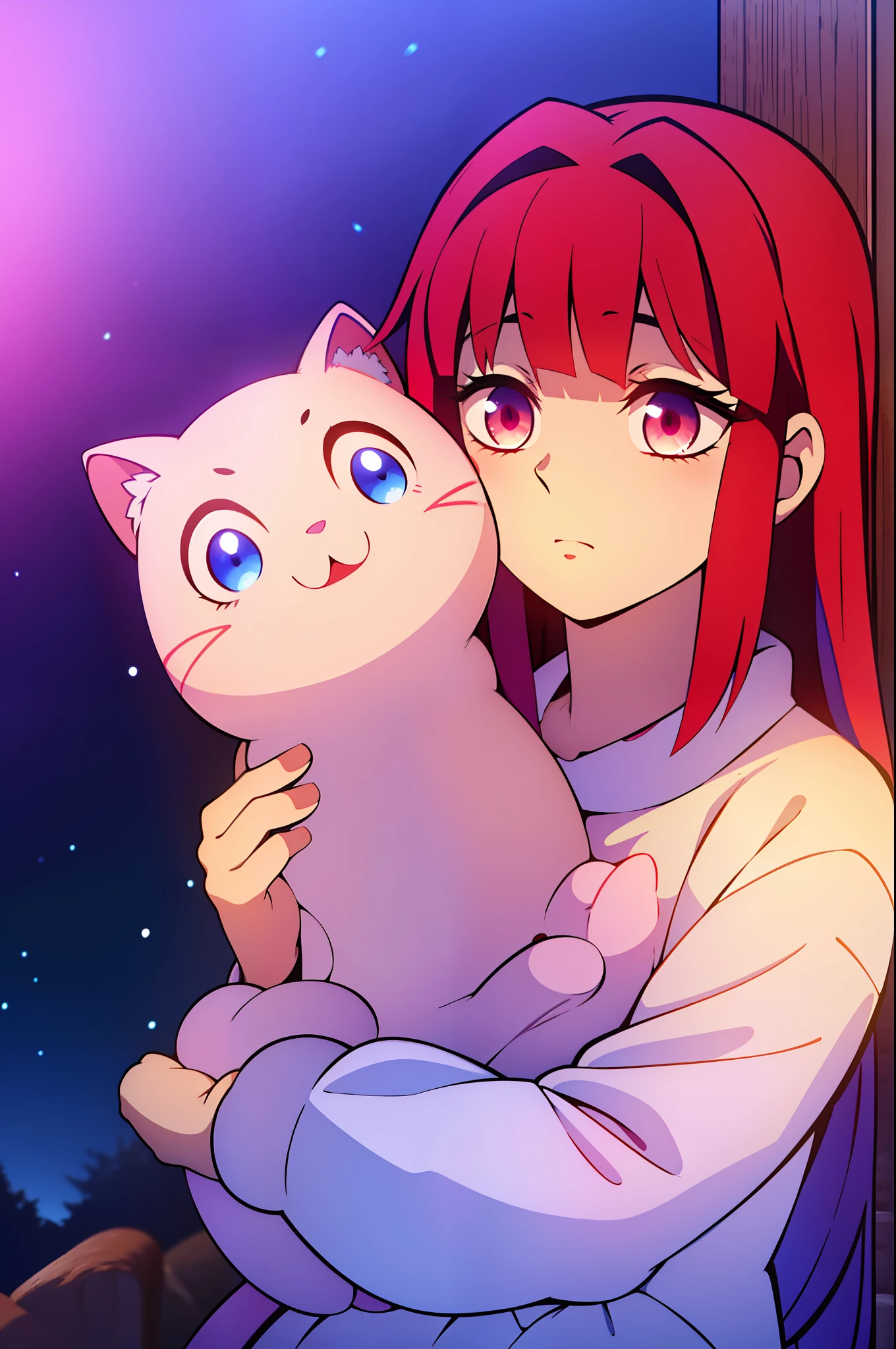 Picture Lily, a sweet anime girl with vibrant red hair that cascades like a waterfall of flames. Her eyes, a mesmerizing shade of blue, hold a sleepy twinkle that adds to her irresistible charm. Cradled in her arms is a plush cat with fur as soft as a cloud, perfectly complementing Lily's gentle aura. Dressed in cozy pastels, she radiates an innocent and heartwarming presence. Lily's endearing yawn and dreamy expression make her an embodiment of cuteness and relaxation. Whether she's embarking on a sleepy adventure or simply enjoying a quiet moment, her adorably drowsy gaze invites you to join her in a world of coziness and wonder