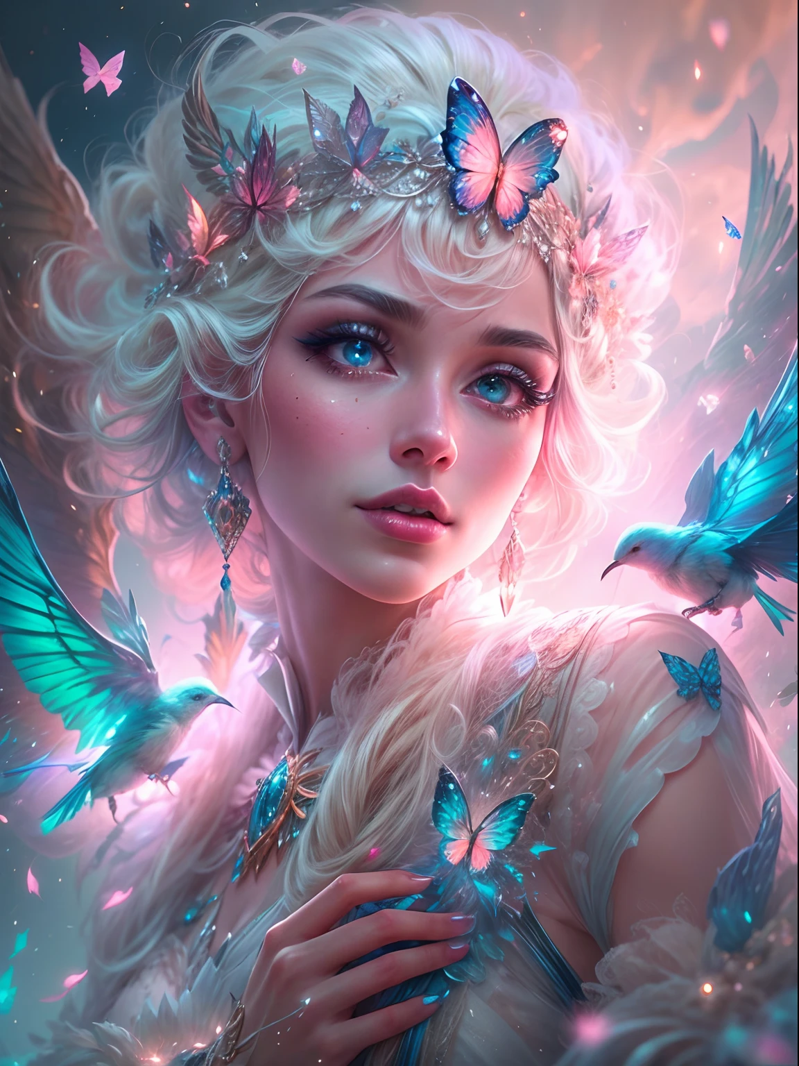 Generate a pretty and realistic fantasy artwork with bold jewel-toned ((((pink and blue)))) hues, pretty glitter and shimmer, and lots of snowflakes. Generate a luminous and petite woman with curly hair, metallic hair, and realistically textured hair. Her skin is pure white and seems to glow in the light. The woman's face is important: include ((soft, puffy, big lips, elegant features, and the most beautiful detailed macro eyes)) in the world. The woman is in a winter landscape with soft falling snow and snowflakes, soft white fur, subtle iridescent details, subtle phantasmal iridescent details, and intricate and delicate jewelry that glimmers in the light. Include many small fantasy details like gossamer silk, feathers, delicate and stunning embroidery, and luminous lighting that glimmers. The woman's face is unobscured by details and her eyes are sharp and in high resolution. Incorporate dreamy colors, dynamic lighting, and detailed background elements to create a sense of awe and immersion. Include colorful flying magical birds and jewel-toned butterflies radiating a magical aura. Consider the latest trends in fantasy art, such as incorporating unique lighting effects, exploring dynamic and compelling composition techniques, and experimenting with unique color palettes. Take inspiration from the top artists on ArtStation and Midjourney. Camera: Choose an angle that highlights the character's beauty and enhances the magical majesty of the artwork. Lighting: Utilize atmospheric lighting techniques to create depth and mood. Resolution: Aim for a high-resolution artwork to showcase intricate details and clarity. Art Inspirations: Seek inspiration from the trending artists on ArtStation, exploring different styles, genres, and themes. white skin, pale skin, really pale skin, really white skin, beautiful eyes, fantasy details, shimmer, glimmer, magical birds, magical butterflies, ornate, (((masterpiece))), add_detail:1, earth \(planet\),