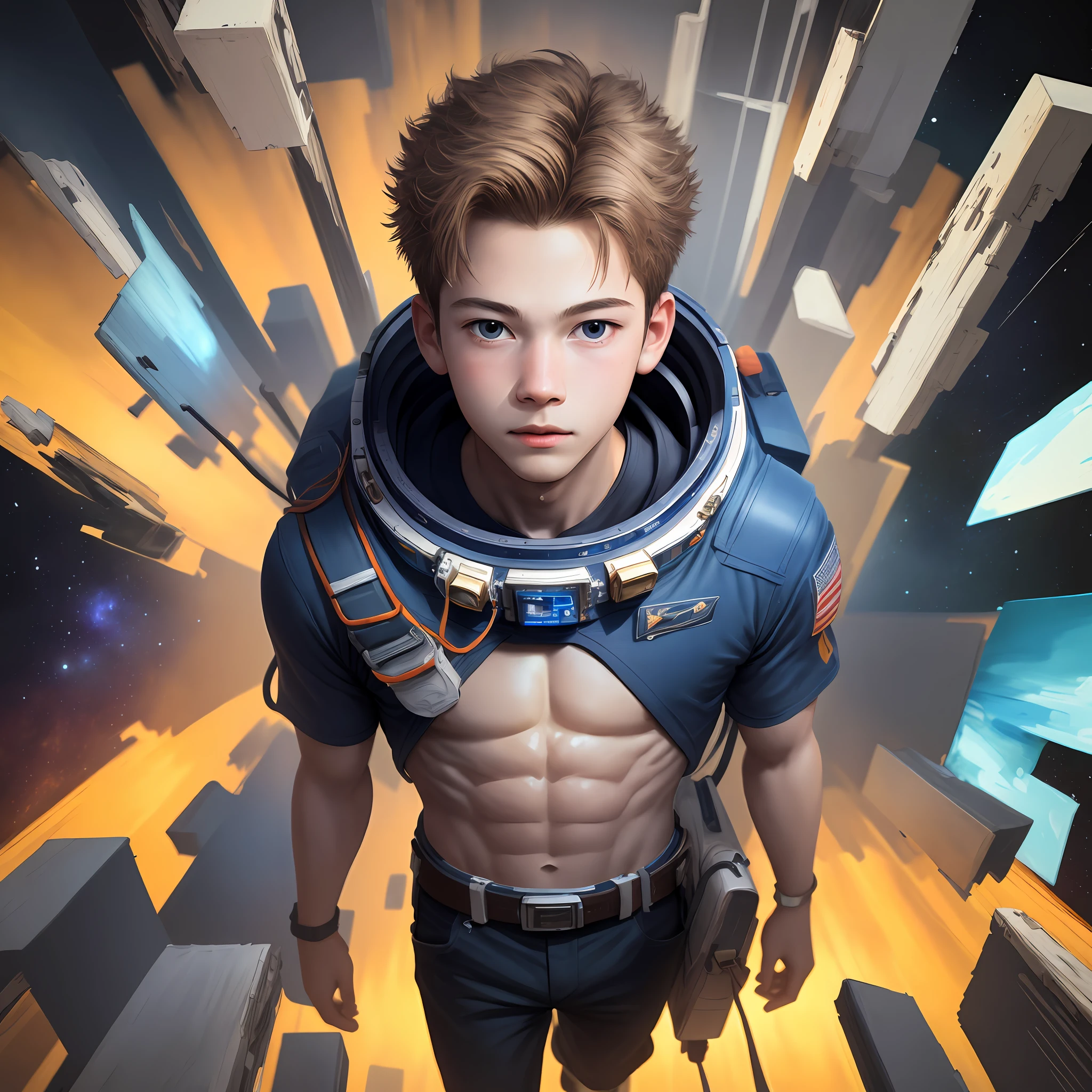 ridiculous resolution, high resolution, (masterpiece:1.4), super detailed, 1boy, seen from above, space, floating, --v 6