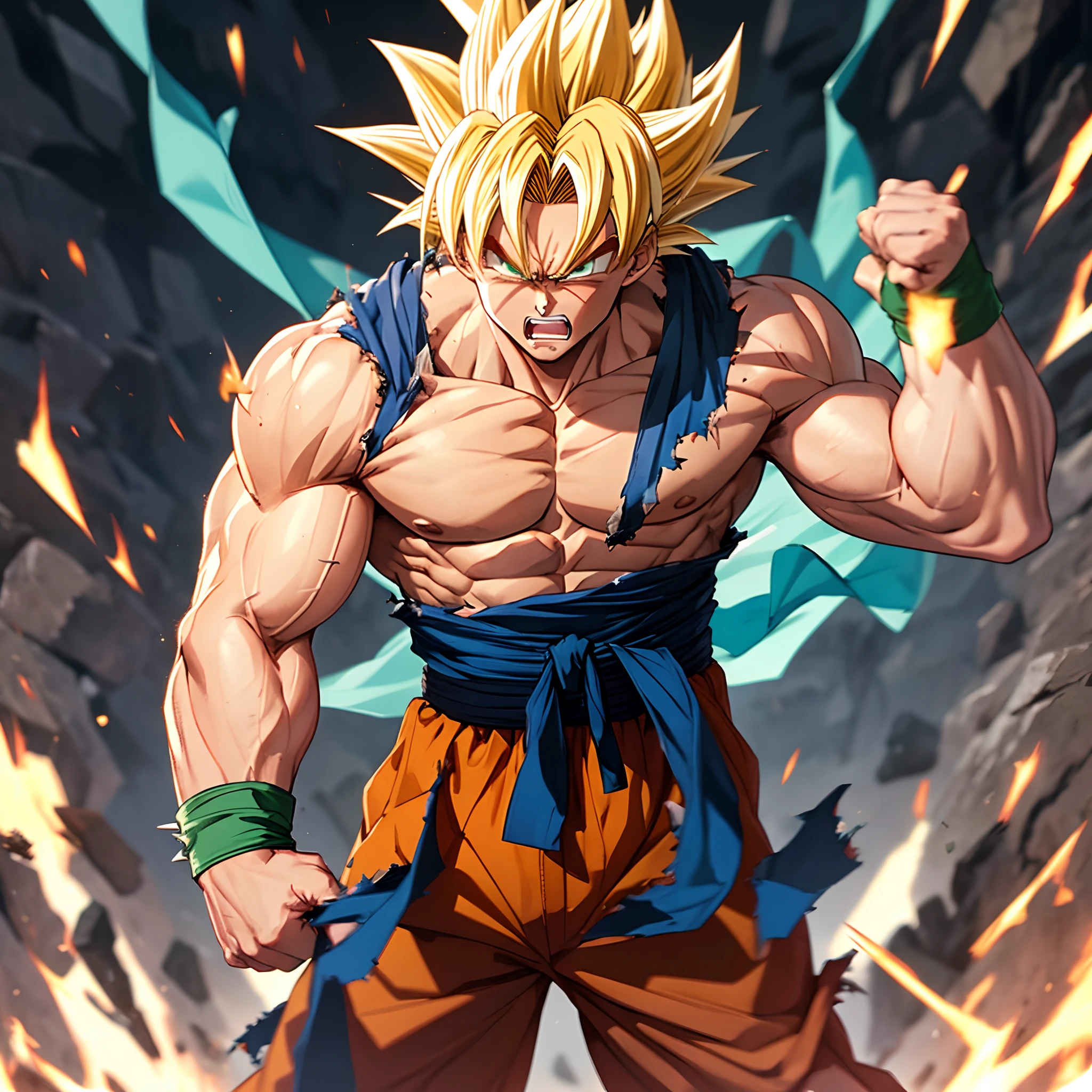 son goku, 1boy, angry, battle damage, blonde hair, blue sash, clenched teeth, furious, green eyes, male focus, muscular, muscular male, pectorals, sash, solo, spiked hair, super saiyan, super saiyan 1, teeth, topless male, torn clothes, wristband, ((masterpiece))