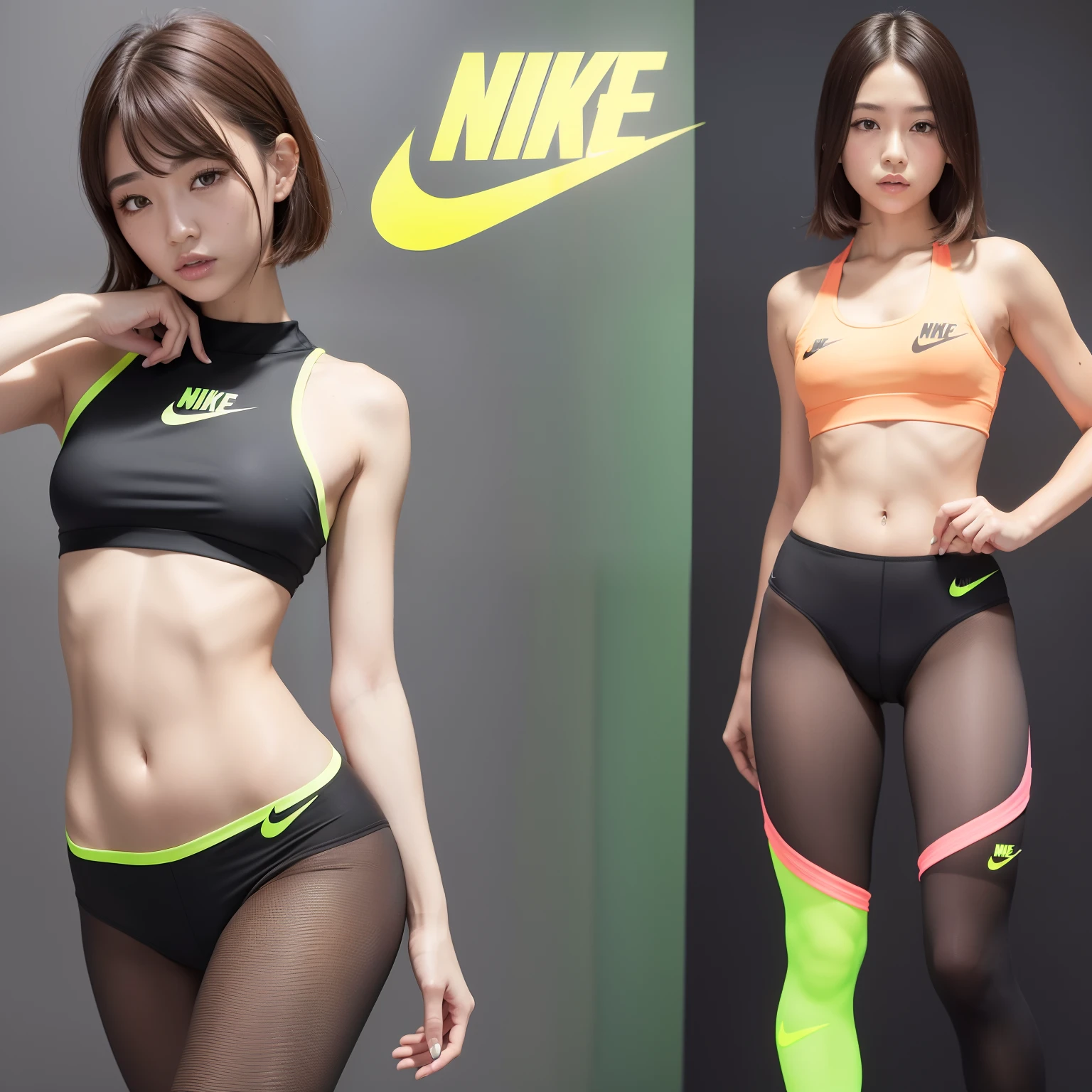 (Solo), (a detailed full-body RAW photo of a girl), (masutepiece:1.0), (Best Quality:1.4), (超A high resolution:1.2), (Photorealistic:1.4), 8K resolution, Canon EOS R5, 50 millimeters, absurderes, ultra-detailliert, (40yo), back focus, Cinematic lighting, Detailed beautiful face, (no-makeup:1.2), (ulzzang -6500-v1.1), petite figure, Detailed skin texture, (flat chest:1.4), (skinny and fit body:1.6), Detailed brown hair,  sweltering,(Very short hair:1.5), See Through wear, (neon colour Nike Competition Athletic Wear sports tights:1.5), More transparent, low rise, realistic glistening skin, Detailed texture, (erect nipples:1.5), (aya ueto:0.9), Cameltoe, well-developed abs, (running)