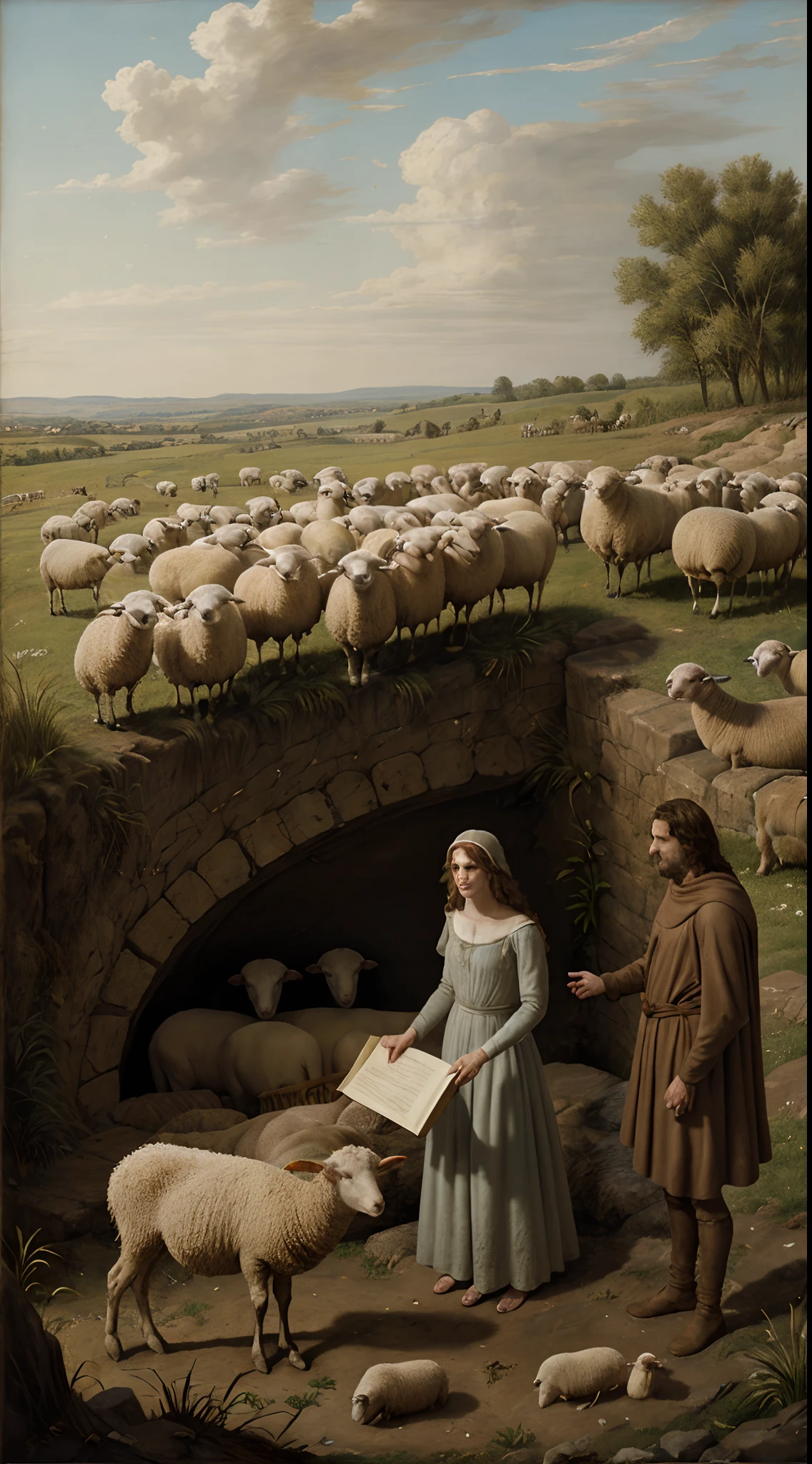 homem e mulher, Jacob and Rachel from the Bible at the edge of the well with sheep around