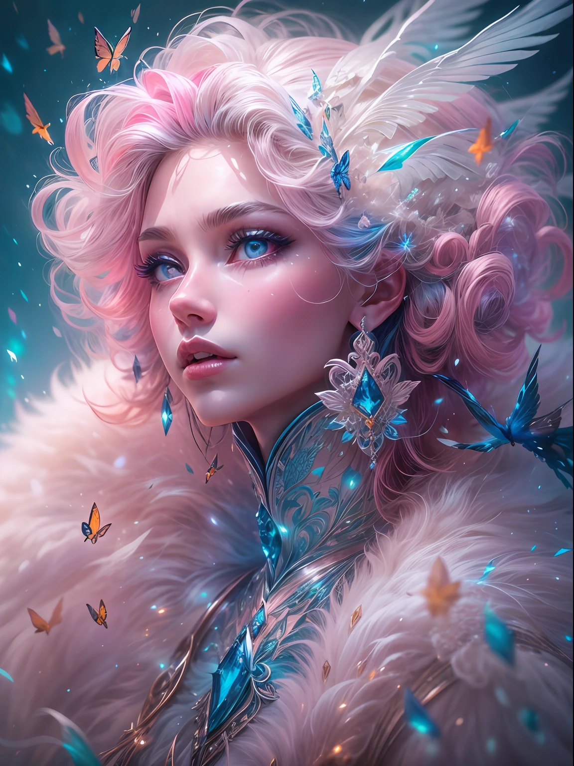 Generate a pretty and realistic fantasy artwork with bold jewel-toned ((((pink and blue)))) hues, pretty glitter and shimmer, and lots of snowflakes. Generate a luminous and petite woman with curly hair, metallic hair, and realistically textured hair. Her skin is pure white and seems to glow in the light. The woman's face is important: include ((soft, puffy, big lips, elegant features, and the most beautiful detailed macro eyes)) in the world. The woman is in a winter landscape with soft falling snow and snowflakes, soft white fur, subtle iridescent details, subtle phantasmal iridescent details, and intricate and delicate jewelry that glimmers in the light. Include many small fantasy details like gossamer silk, feathers, delicate and stunning embroidery, and luminous lighting that glimmers. The woman's face is unobscured by details and her eyes are sharp and in high resolution. Incorporate dreamy colors, dynamic lighting, and detailed background elements to create a sense of awe and immersion. Include colorful flying magical birds and jewel-toned butterflies radiating a magical aura. Consider the latest trends in fantasy art, such as incorporating unique lighting effects, exploring dynamic and compelling composition techniques, and experimenting with unique color palettes. Take inspiration from the top artists on ArtStation and Midjourney. Camera: Choose an angle that highlights the character's beauty and enhances the magical majesty of the artwork. Lighting: Utilize atmospheric lighting techniques to create depth and mood. Resolution: Aim for a high-resolution artwork to showcase intricate details and clarity. Art Inspirations: Seek inspiration from the trending artists on ArtStation, exploring different styles, genres, and themes. white skin, pale skin, really pale skin, really white skin, beautiful eyes, fantasy details, shimmer, glimmer, magical birds, magical butterflies, ornate, (((masterpiece))), add_detail:1, earth \(planet\),