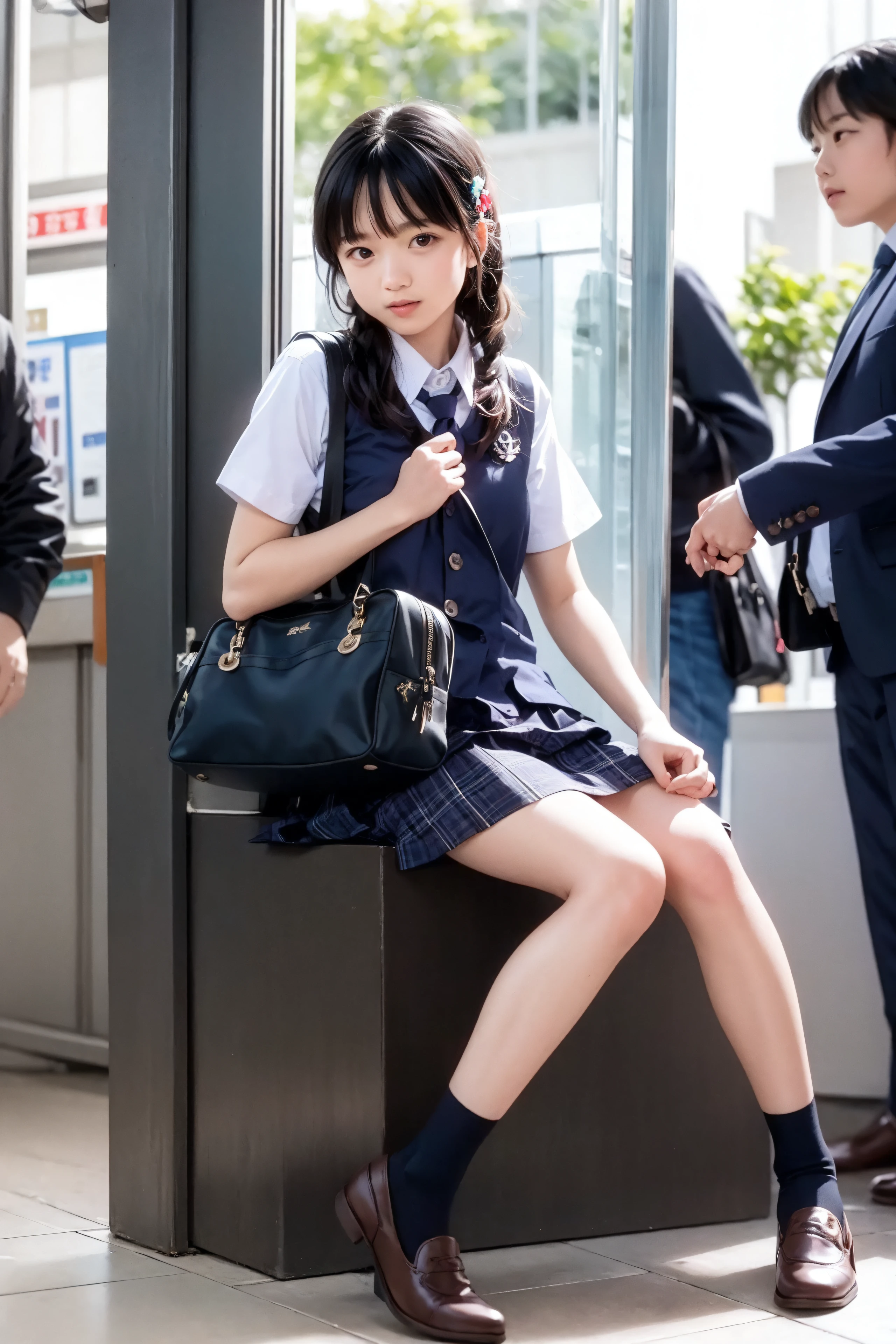 (raw photo:1.4), (photorealistic:1.3),(masterpiece), best quality, highest quality, extremely detailed CG unity 8k wallpaper, detailed and intricate, original,highres,
\\
1girl,solo,(16yo),extremely detailed_eyes, fingernails,medium breasts,(eyeliner:0.5),(blush:0.5),black hair,long hair,hairclip, looking at viewer,NSFW,
\\
highschool,student,school uniform, sailor collar,bobby socks,school bag,skirt, plaid, plaid skirt,knees up,sitting,
\\
street, subway station, shop border, akihabara \(tokyo\), shibuya \(tokyo\), shinjuku \(tokyo\),
\\
beautifully detailed background,depth of field,loli:0.1,realistic:1.3,(ambient light:1),(neon lights:0.1),(HDR:1),(Studio Lighting:1.5),(pantyshot:1.2),from below,full body,