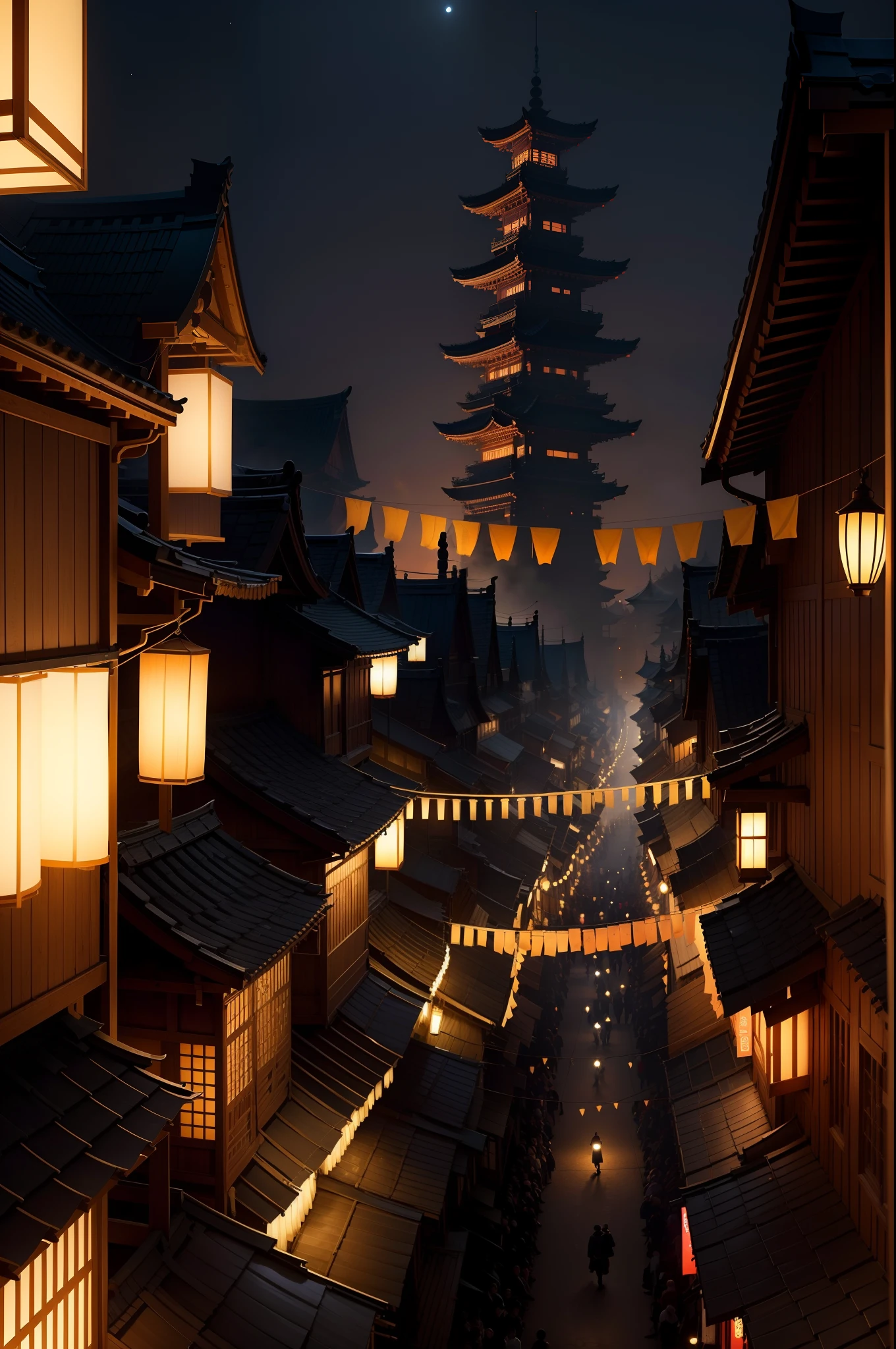 "Create an anime scene: a distant rooftop silhouette amidst a lively nighttime festival. A multitude revels in the Edo period street, paper lanterns casting warm glows on traditional houses. Amid this mirth, a barely perceptible ninja silhouette watches from afar. This AI-crafted artwork conjures the allure of a ninja's quiet presence, hidden above, amidst the festival's vibrant tapestry."