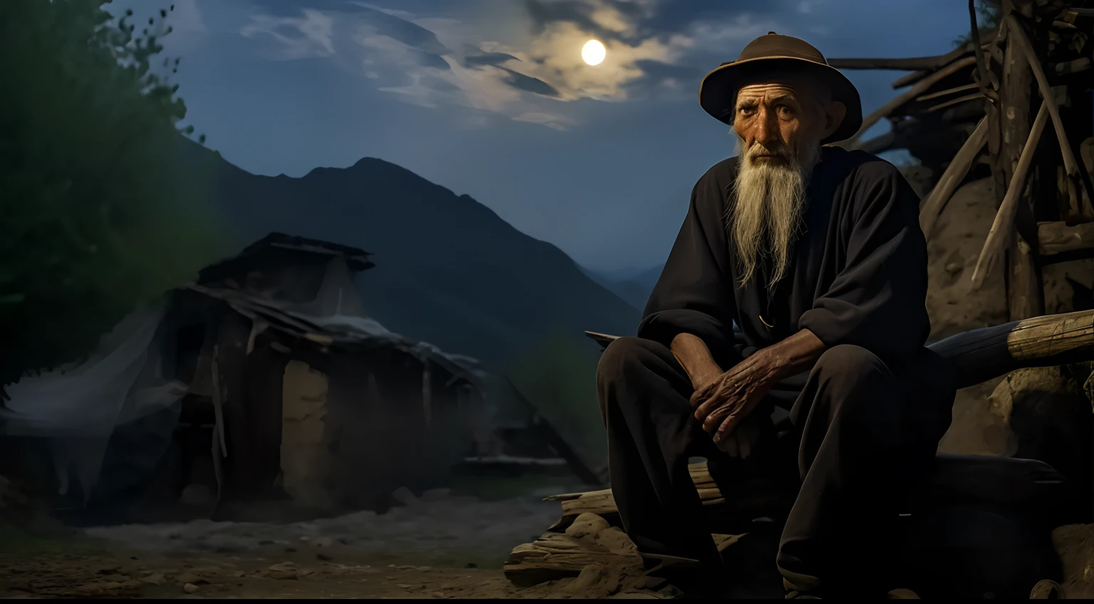 The Arafed man sat on the wood in front of the hut,Sharp focus,with piercing eyes,详细的脸,high detal,The background is the full moon。, Wise old man, An old man, old man, portrait photo of an old man, pexels contest winner, Midshot Portrait, The sage looked ahead, portrait shooting, author:Ihor Podolchak, mid shot portrait, moon behind him