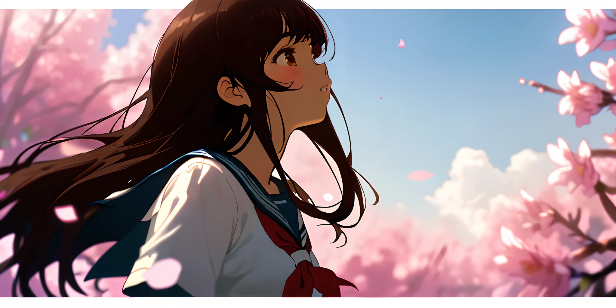 (masterpiece, best quality),1girl, solo, flower, long hair, outdoors, letterboxed, school uniform, day, sky, looking up, short sleeves, parted lips, shirt, cloud, black hair, sunlight, white shirt, serafuku, upper body, from side, pink flower, blurry, brown hair, blue sky, depth of field