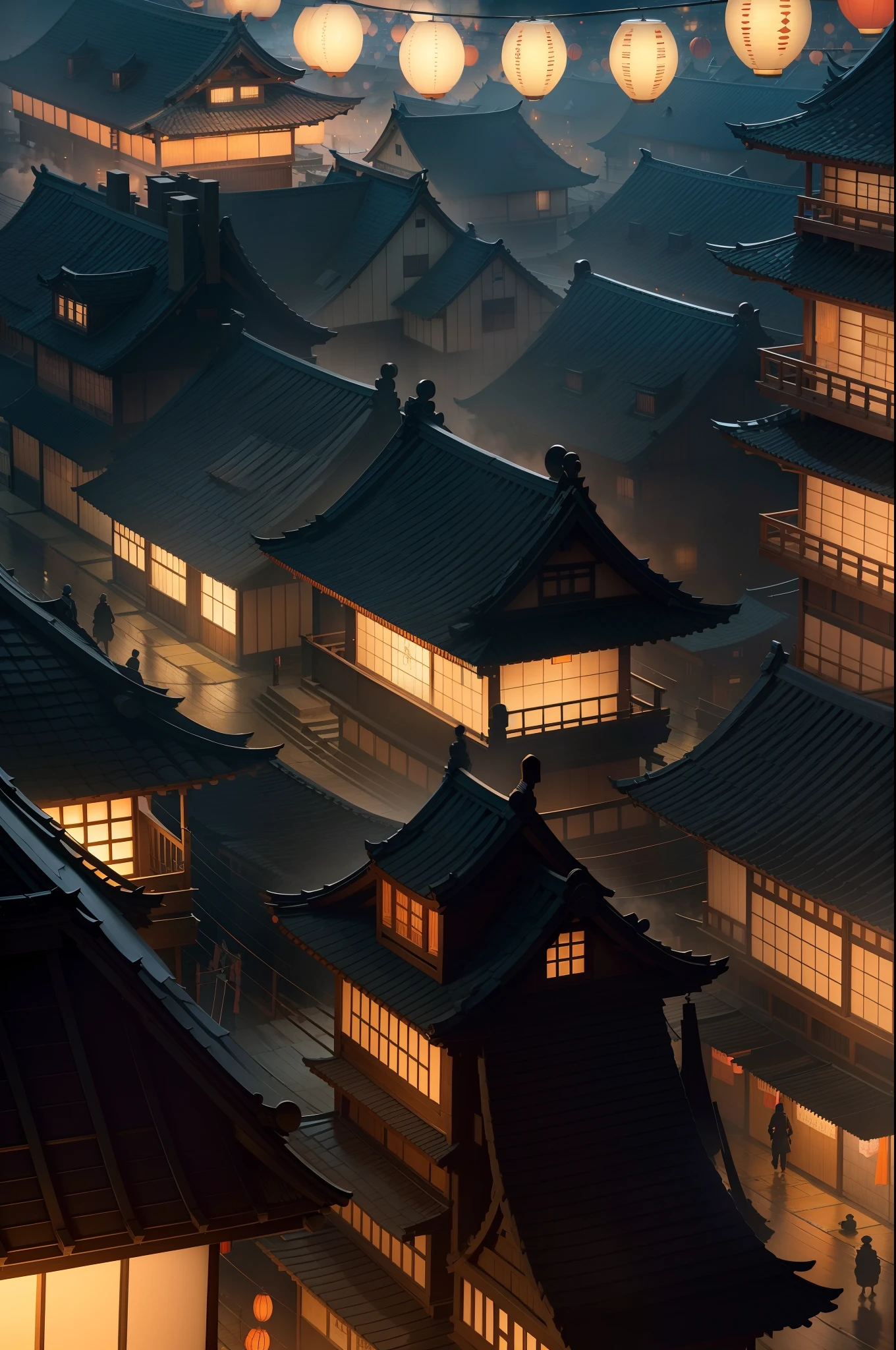 "Create an anime scene: a distant rooftop silhouette amidst a lively nighttime festival. A multitude revels in the Edo period street, paper lanterns casting warm glows on traditional houses. Amid this mirth, a barely perceptible ninja silhouette watches from afar. This AI-crafted artwork conjures the allure of a ninja's quiet presence, hidden above, amidst the festival's vibrant tapestry."