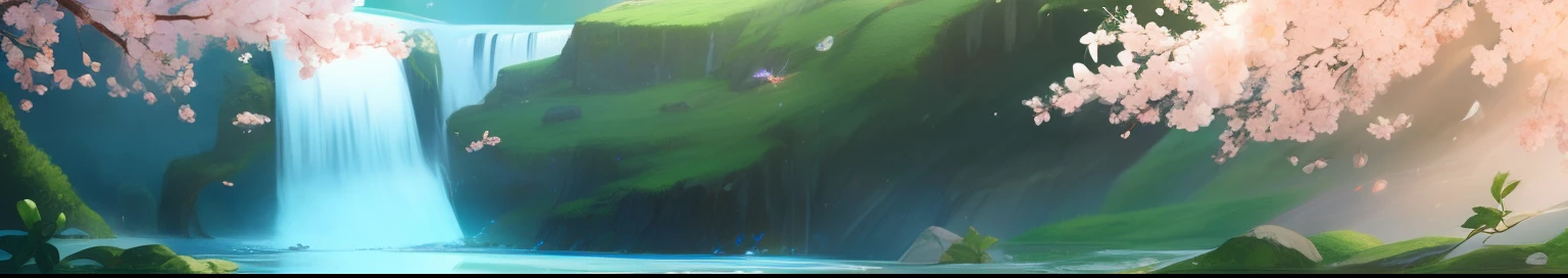 Chinese antiquity、glass flowers,springtime、jungles、lakes、hole in the mountains、waterfallr,The tree、grassy fields、Rochas、fawn、hot onsen、hydrosphere、(illustratio:1.0)、Epic composition、Realistic lighting、high definition detail、tmasterpiece、Best quality,(非常详细的 CG 统一 8k 壁纸)