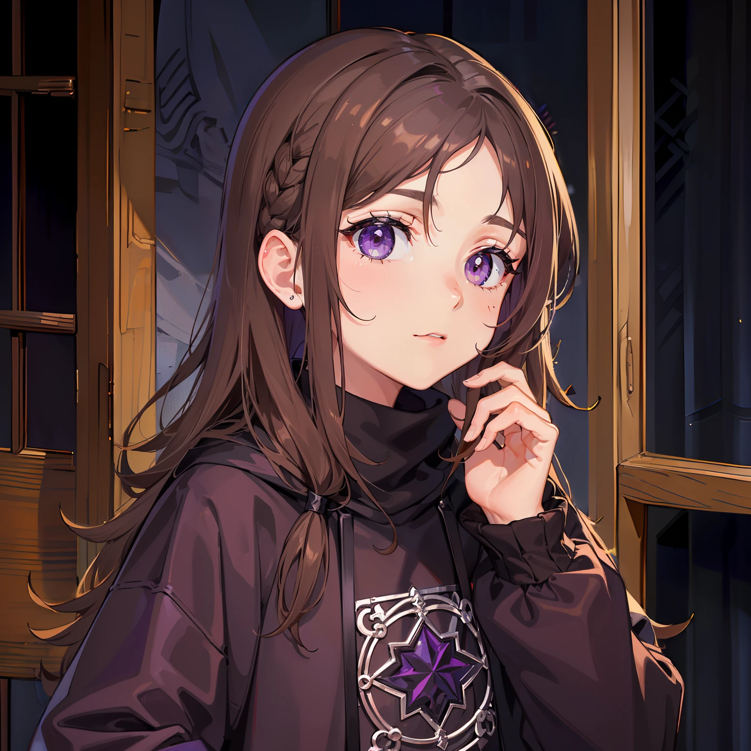 ((moletom+roupa+moletom:1.2+traje casual):(cabelos longos:cabelos compridos*1.1+(brown hair+cor castanho:1.1)+
(Purple eyes+- Olhos Roxos:1.05):1.2+vestido:1.2+19 anos+Adolescente*1.1)), cabelos soltos, franja, slightly older appearance.