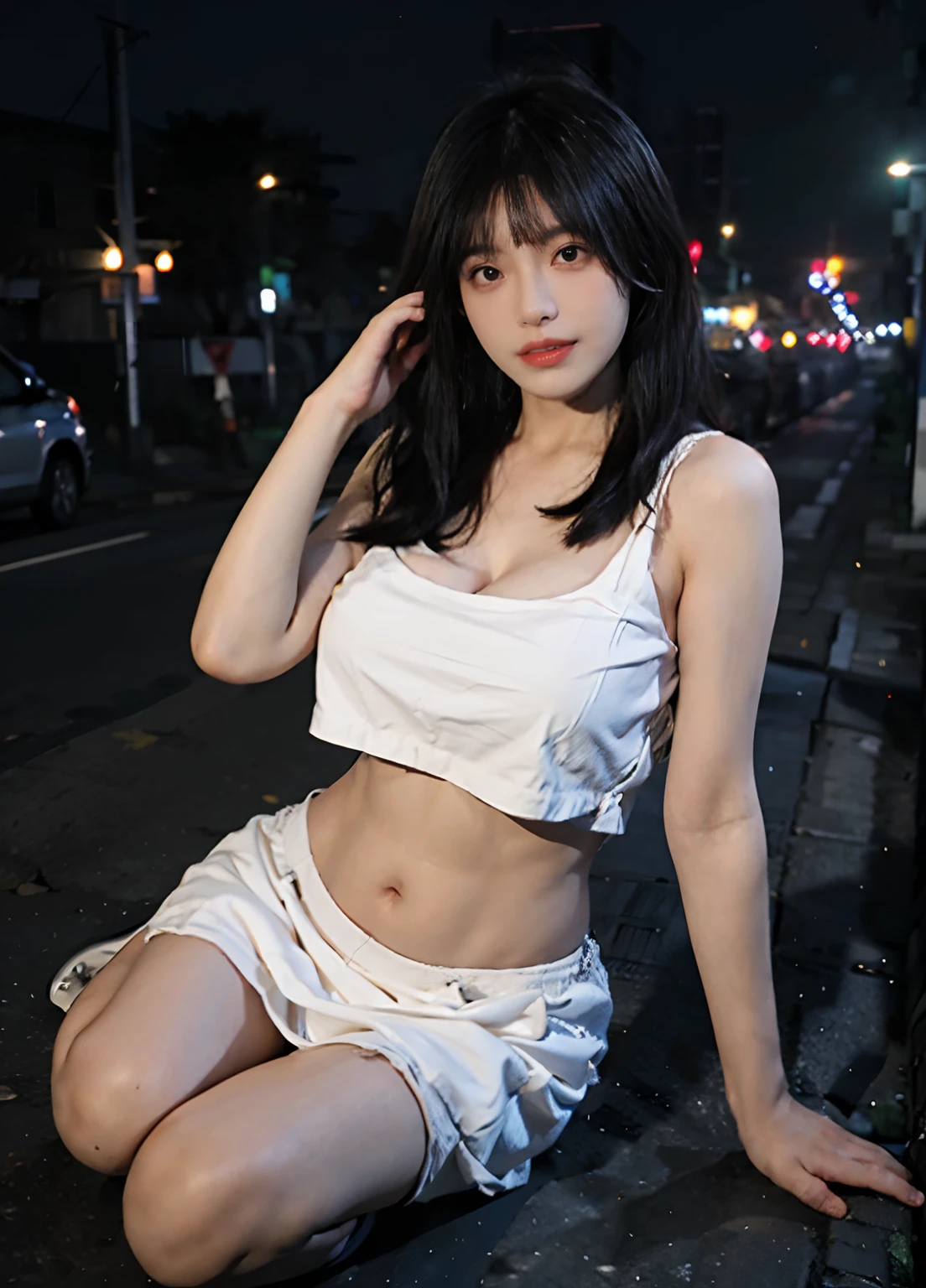 best qualtiy, 超高分辨率, Oversized breasts,(realisticlying:1.4),2 girls ,Focus:1.2, perfect figure beautiful woman:1.4 ,big breasts exposed cleavage,(Streets at night:1.3), Highly detailed facial and skin texture, head straight-looking at viewer,A detailed eye, 二重まぶた,Red lips,eye shadows,Whiten skin,(Air bangs:1.3),),Belly tattoo,Oversized bust,Full body like,Thighs exposed