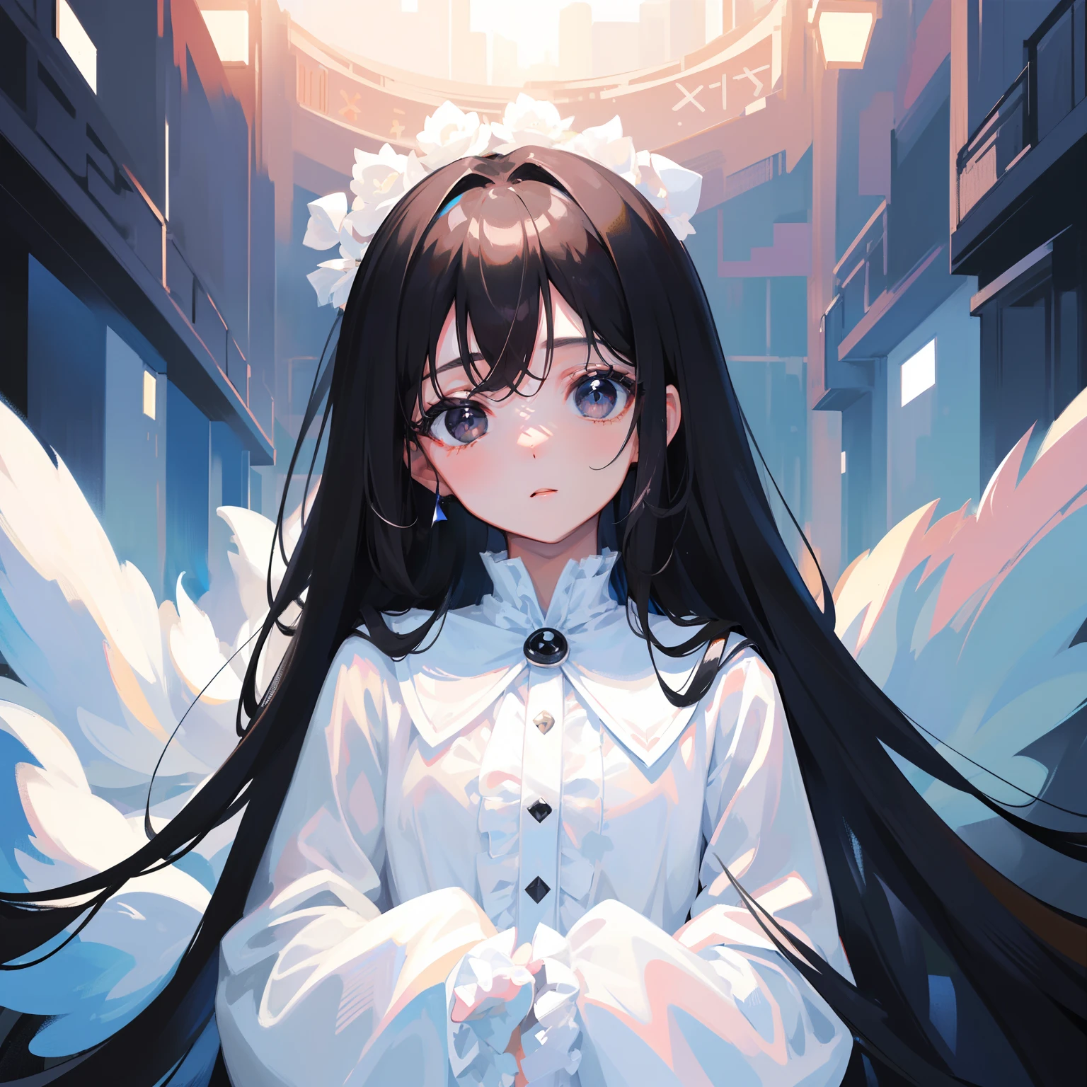 ((tmasterpiece、Need、ultra-delicate、A high resolution)), a beauty girl, sparkle eyes, perfect eyes, ar old, Black and white gold theme,without hands,brunette color hair,Pure black eyes,blackigeyes,Black eyes