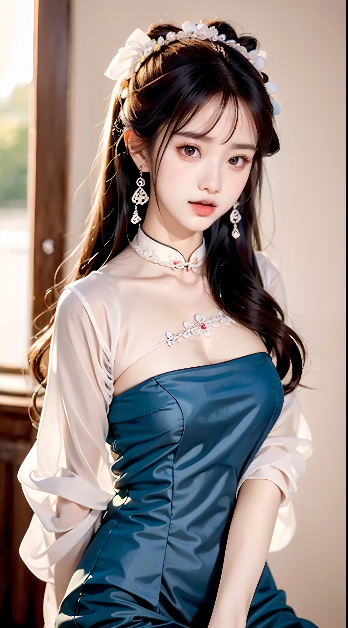 Best quality at best， tmasterpiece， beautiful  face， 1girll， Long_Hair， 独奏， The upper part of the body_Body， Porcelain dress，shift dresses，hair adornments， choker necklace， jewely， long whitr hair， 耳Nipple Ring， Chinese outfit(8K, RAW photo, Photorealistic:1.25) ,( Gloss on lips, eyeslashes, gloss face, Glossy glossy skin, best qualtiy, 超高分辨率, depth of fields, color difference, Caustics, Wide light, naturalshadow, Kpop idol) Being in the room，European style，sitted，sliver long hair，Blue cheongsam，white trim，Medium chest detail,8K resolution,超高分辨率,A young girl, A cute girl，short detailed hair，hair-bun，lipsticks，Tassel earrings，choker necklace，Black clear eyes，Smooth hair,鎖骨,Exquisite and perfect facial features, the most beautiful big eyes,Long eyelashes,The eyes are sweet and there are lying silkworms，dynamic angle,Extreme picture quality,Highest precision,Precise and perfect human anatomy，(((Antique tulle red Hanfu，Red embroidery)))，((sitted))，Warm scene，超高分辨率，Ultra-clear vintage black flowing hair，Delicate bun）By bangs，（Long flowing hair，With a bun:1.3）），Delicate collarbones，beautiful make up，Exquisite and perfect facial features，，Big watery eyes，Lying silkworm，Long eyelashes，The eyes are sweet and have eye shadow，Slim waist，Do not show your hands，，lipsticks，Blushlush，Delicate earring earrings，pearls necklace