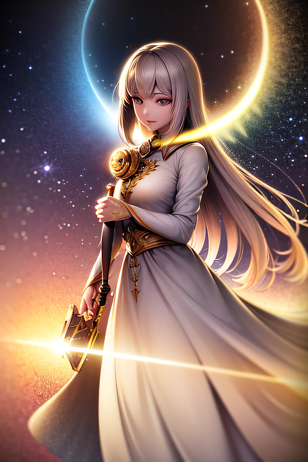 Woman eagle, long dress detailed, white wings, ((bloom)), (masterpiece), (mindfully colorful), divine rays, (ultra high quality), (8K quality ), depth of field, bursts of wind, ((soft detail)), dark style, ((ray tracing effect)), (realistic: 1.3), (sharpened), mountain, multi layers, high gloss, detailed flare, (body curved), DLSR, 8K UHD, (sun glare), detailed ambient lighting, glitters, (intense sun), sunny day complet, clouds, ((orion belt))