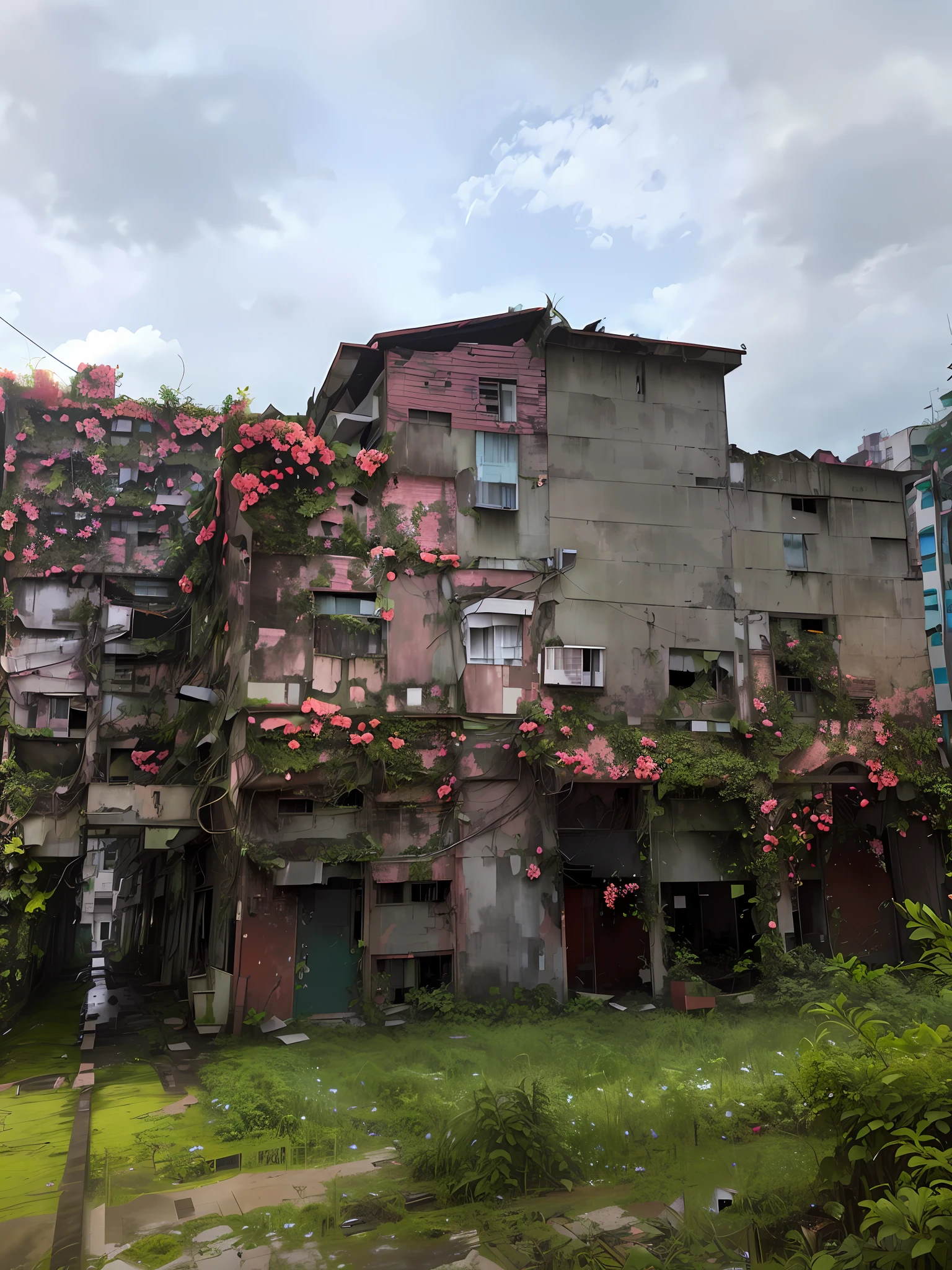 There is a building，There are many flowers growing on it, nature taking over, empty building with vegetation, big poor building, Dilapidated houses, poor buildings, overgrown with plants, overgrown with vines, Overgrown with flowers, crumbling buildings, completely overgrown with vines, old abandoned building, overgrown with lush vines, overgrown city