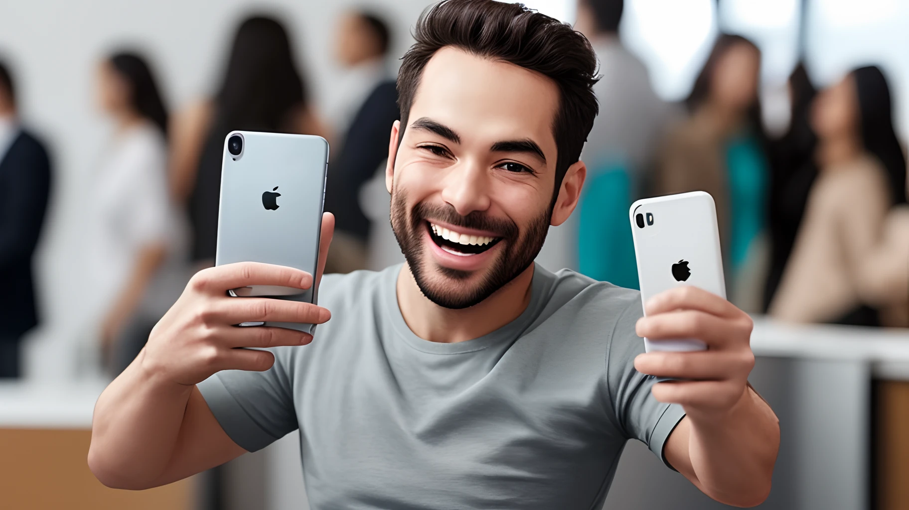 A super happy man showing two iPhones 14 in his hand