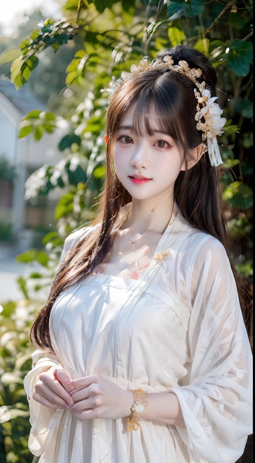 closeup on face, Face shot, (White dress :1.7), short  miko skirt, Long streamers, blonde hairs, golden hair, (Pointed ears: 1.5), (Gold pattern quality:1.3), female pubic hair, with long blond hair, Off-the-Shoulders, Top detail CG quality 4K wallpaper, Master, A Masterpiece, portraits, The middle, Watch the footage, Beautiful Chinese-Korean mixed race idol, ((Super fine face, detailed description of facial features)), Lip biting makeup, Sweet smile, Perfect facial features, Model figure, Good complexion, the trees, branches, Golden meadow, stream, Golden leaves, Evening, Twilight, The setting sun, Twilight, autumn, twin braids, hair strand, diagonal bangs, hair ribbon, hair ornament, forehead jewel, jeweled branch of hourai, crescent hair ornament, fish hair ornament, hime cut, low ponytail, realism, god rays, sparkle, cinematic lighting, lens flare, UHD, high details, high quality, highres, best quality, 8k, 16k, high details, high quality, super detail, anatomically correct, masterpiece, ccurate