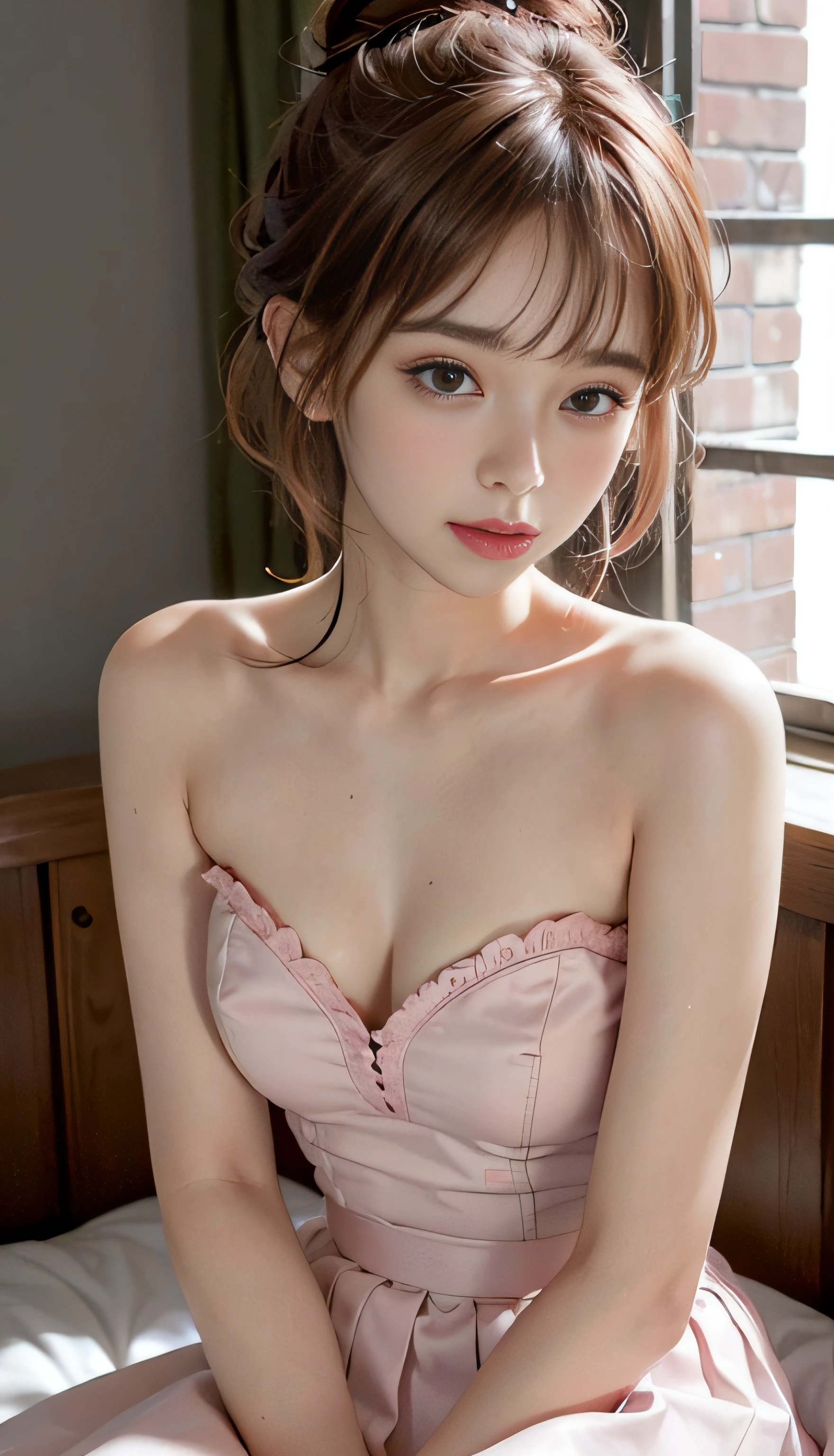 (Raw photography、top-quality)、(realisitic、Photorealsitic:1.3)、top-quality、​masterpiece、extremely delicate and beautiful、A highly detailed、nffsw、A sense of unity、2k wallpaper、magnifica、Beautiful in every detail、​masterpiece、浅笑、top-quality、Highly detailed ticker Unity 8K wallpapers、huge filesize、ultra-detailliert、hight resolution、ighly detailed、Female 1 Person、Slim body、D-cups、(Salmon pink beautiful )、(Pink skirt:1.2)、(Bun hair)、(brown haired)、Look at the front、Sharp Focus、Face Close-up、pureerosface_v1:0.8 Short Hair、Instagram、Viewer's Perspective、selfee