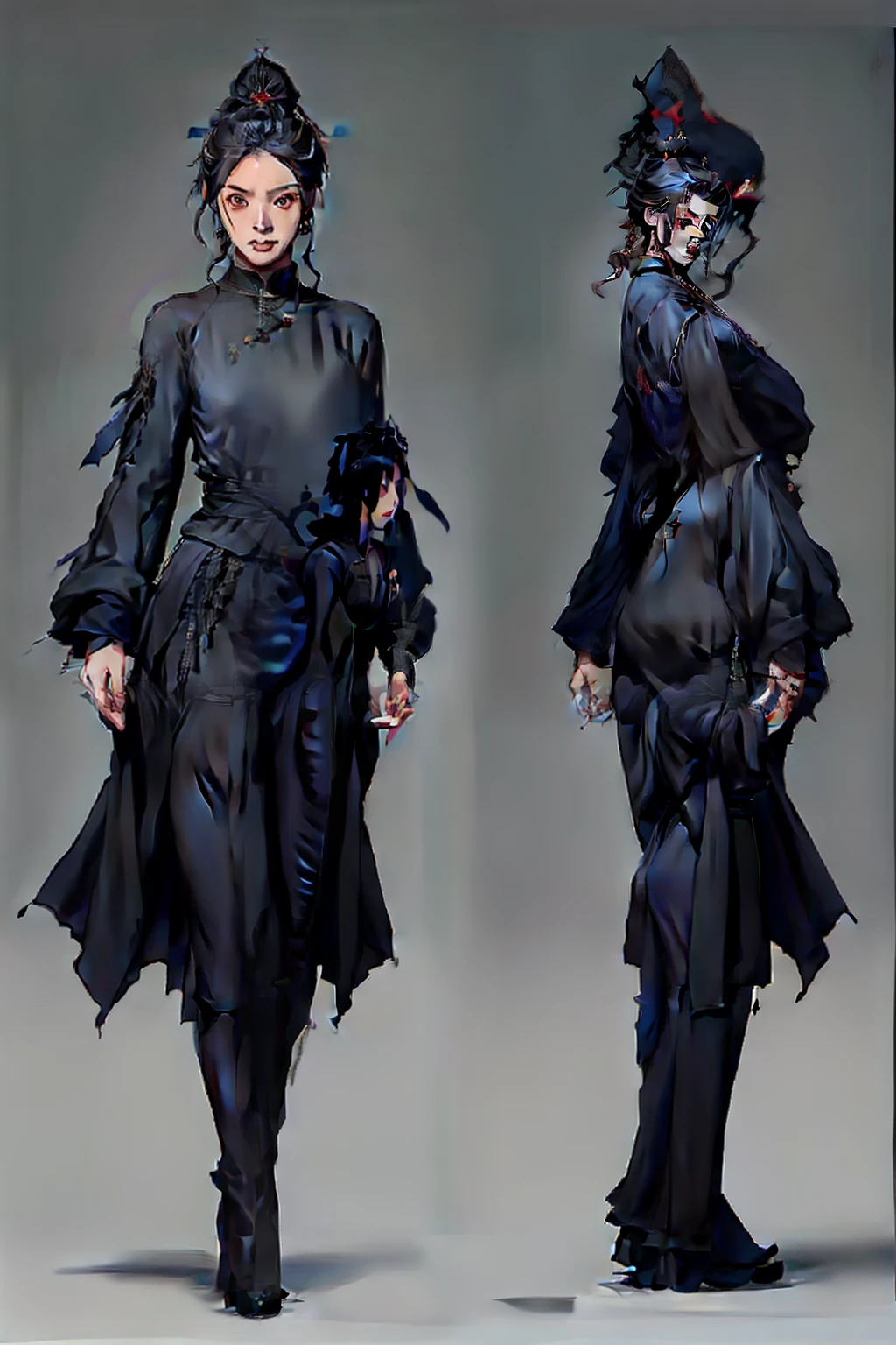 A female Taoist priest.Wearing a black robe,Clothes are shabby,Sword on the body,character design,concept design