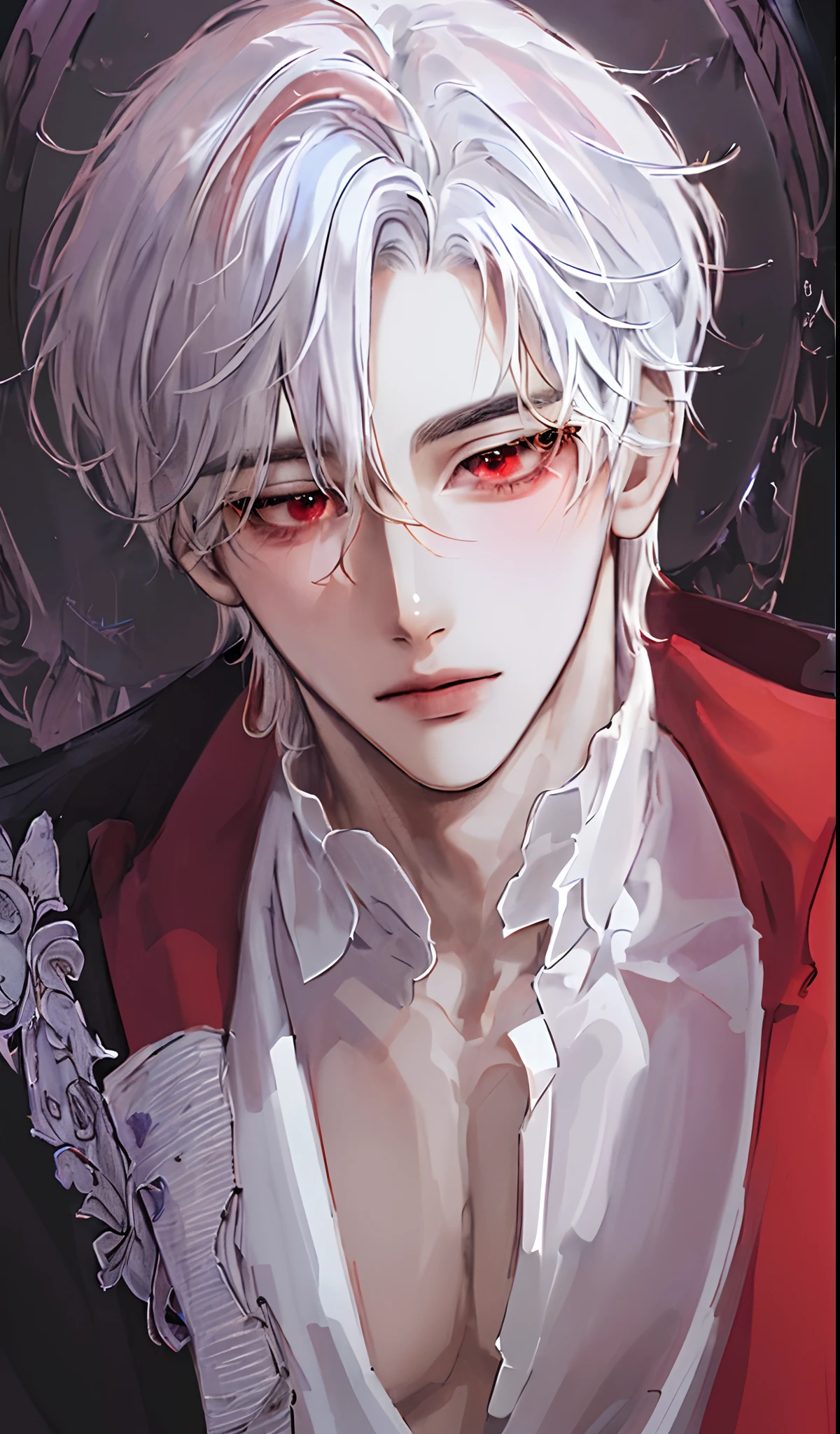 (absurdres, highres, ultra detailed),(Masterpiece, best quality:1.2),1boy,close up shot,short hair,white hair,hair covering right hair, looking towards viewer, extremely detailed eyes,purplish red eyes, handsome