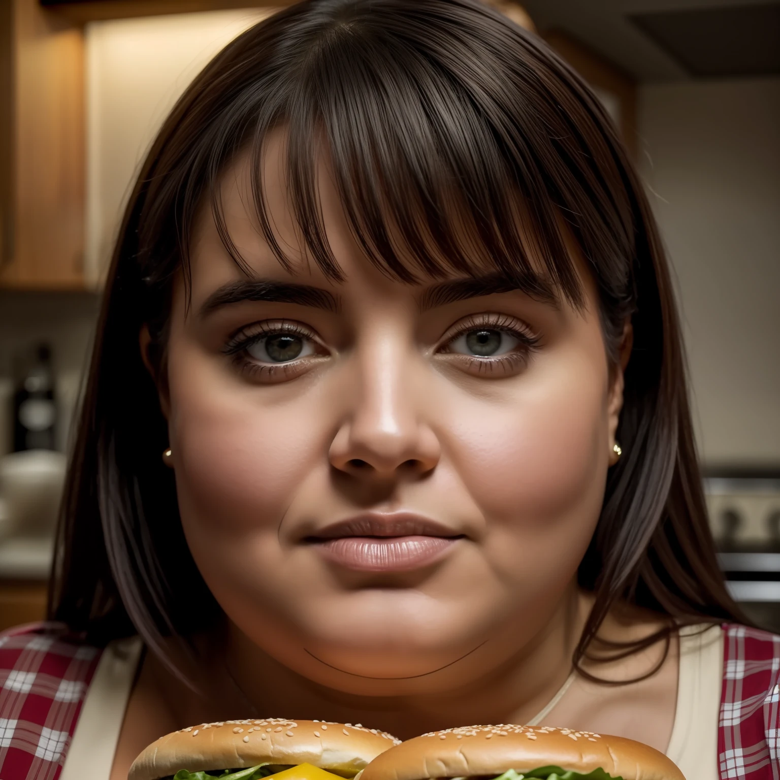 Create a vivid and immersive scene with an extremely obese woman, pesando mais de 200 quilogramas, situada em sua cozinha durante a noite. Illuminate your interaction with the camera, ensure direct eye contact that conveys a palpable sense of despair, como ela toma um substancial, Mouth-watering bite of a gigantic burger. A imagem deve evocar os sentidos do espectador, capturing the essence of the moment. The woman must have distinct European characteristics, embora venha de uma origem latino-americana. Capture this captivating frame in high resolution (8k) e formato RAW, meticulously prioritizing flawless visual quality. Infunda autenticidade e um estilo fotorrealista (1.37), Seamlessly integrating dynamic lighting and subtle light leaks to elevate scene realism.

The central aspect is to meticulously portray the attributes of women, emphasizing the hallmarks of extreme obesity while evoking the raw specter of his angst. Employ advanced editing techniques, como o Pureerosface_Filtro V1 (1), to increase the realism of your facial features.

Ademais, ensure that the woman is portrayed in pajamas – a detail that contributes to the genuineness of the setting. Position her carefully standing in the kitchen, Expertly taking advantage of the interaction between inviting backlighting and ambient lighting. This carefully composed arrangement will not only underscore your actions and emotions, But it will also accentuate the deep connection between her and the endearing burger. With his gaze purposely directed at the camera, His expression of despair must be viscerally palpable, como ela toma o substancial, satisfying burger bite.