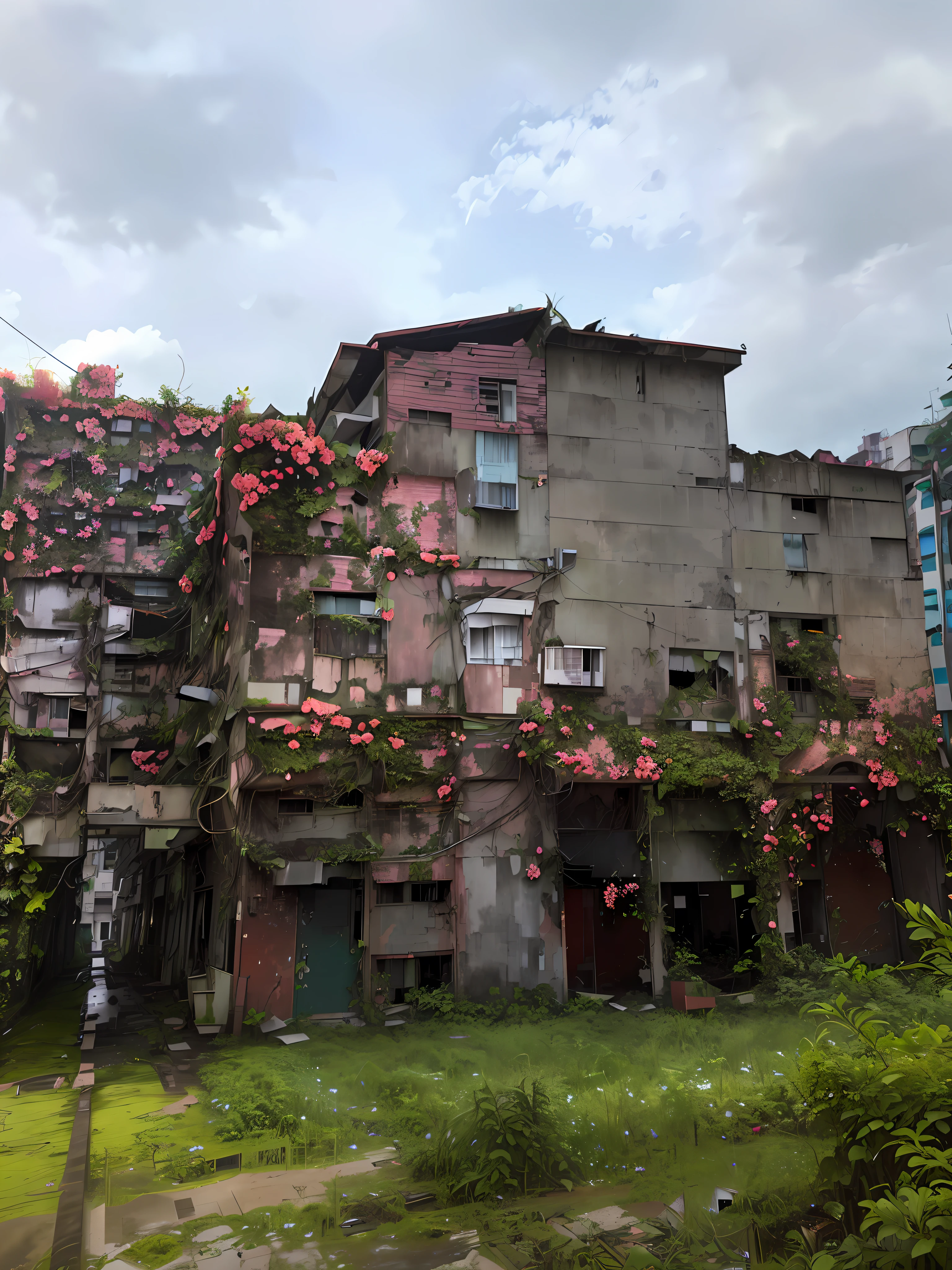 There is a building,There are many flowers growing on it, nature taking over, empty building with vegetation, big poor building, Dilapidated houses, poor buildings, overgrown with plants, overgrown with vines, Overgrown with flowers, crumbling buildings, completely overgrown with vines, old abandoned building, overgrown with lush vines, overgrown city