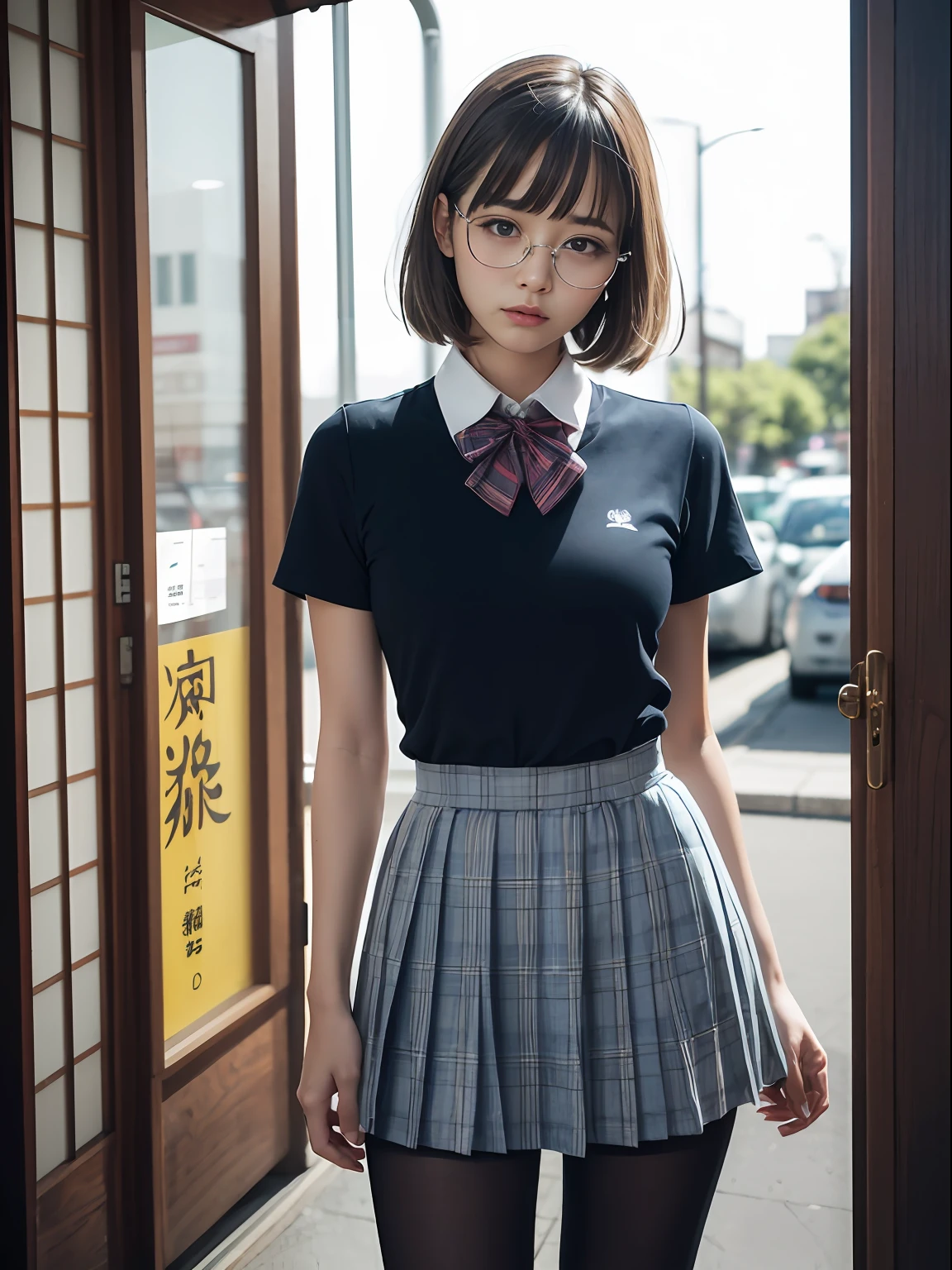 （8K、Raw photography、top-quality、​masterpiece：1.2),(bob cuts),cocky,School,watching at viewers,Looking at the front,Muchimuchi,Erotic,Pupils,(Light blue bra seen through the shirt),de pele branca,kne,(Black pantyhose),absurderes,a small face,small tits,flat breast,Parting the bangs from the middle、Forehead visible,(a cold expression,Tight eyes,glares,Bullish,skinny,Rasping,irate)、​masterpiece,top-quality、超A high resolution,Raw photo,ren,Beautiful fece,One Person, 独奏,eye glass,,Dark look,Small breasts,fullllbody,Round glasses、cute little,JK school uniform,hi-school girl,A Japanese Lady,is standing,（Photorealsitic：1.37）、Photon mapping,Realistic、Beautie,Cute little face,Brown-eyed、Black socks、(Red bow tie)、Radio City、Physically Based Rendering、depth of fields、Blurry background、a picture,Body,teens girl,beauty legs, Long legs, Thin leg,(Bangs are visible), hair, s lips, Blue_The eye, nosesoft,(Light blue shirt), (Navy and blue and white plaid pleated skirt), Knees are visible,Sheer clothing,, Thigh, Black cotton socks,Nogizaka Idol, 女優, Japanese ido