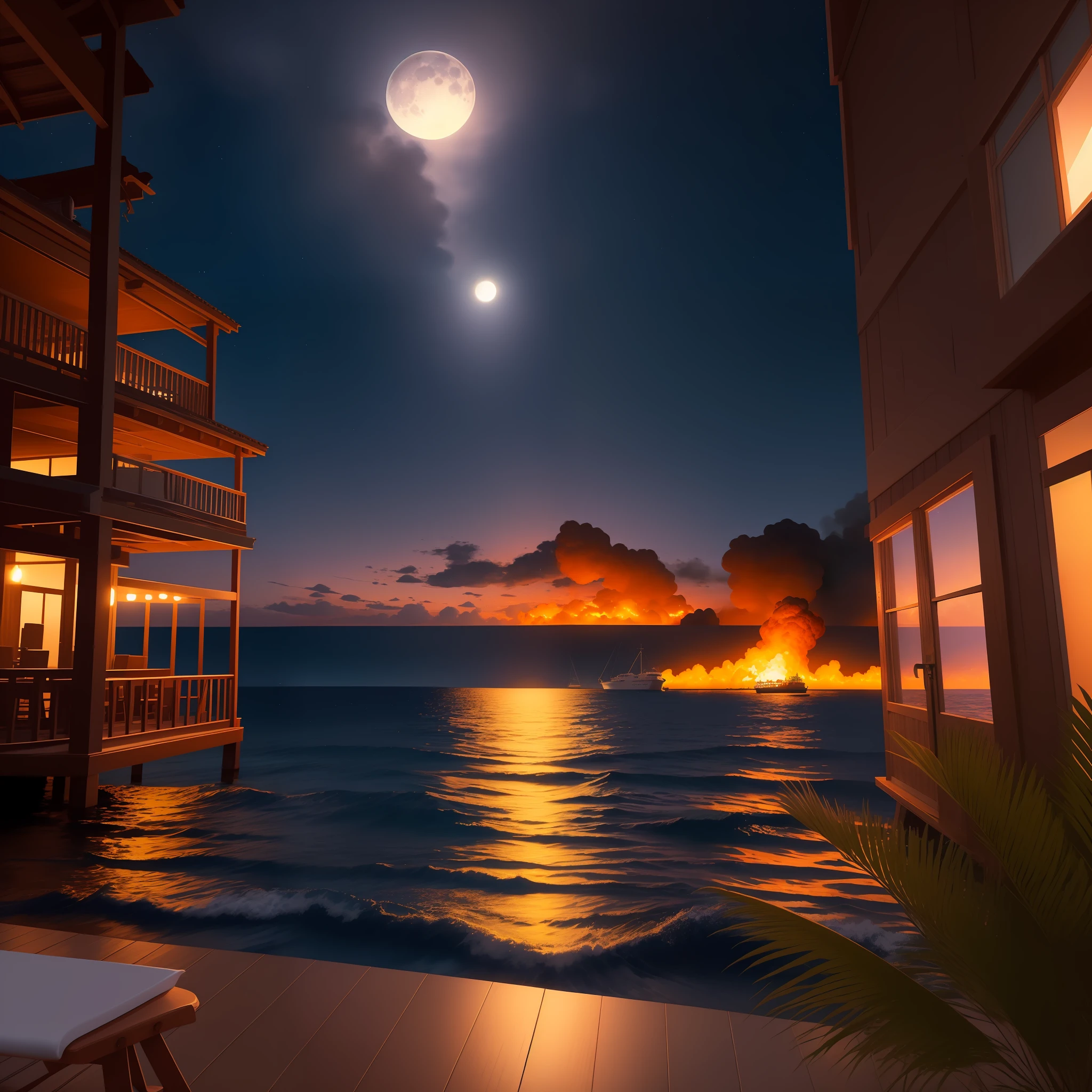 Hawaii Lahaina burning, painting view from the water, at night, beautiful sky with stars full moon, style by christian lassen, Best quality, realistic, award-winning  illustration in color, (complicated detail: 1.2), (fine detail) christian lassen style