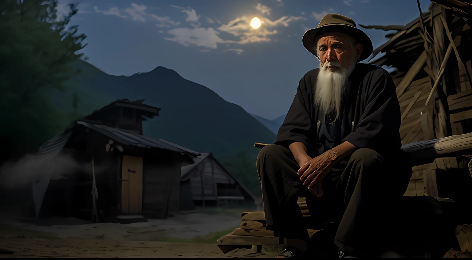 The Arafed man sat on the wood in front of the hut,The background is the full moon。, Wise old man, An old man, old man, portrait photo of an old man, pexels contest winner, Midshot Portrait, portrait shooting, The sage looked into the distance, Sharp focus(1.5),with piercing eyes(1.5),详细的脸,Highly detailed author:Ihor Podolchak, mid shot portrait, moon behind him