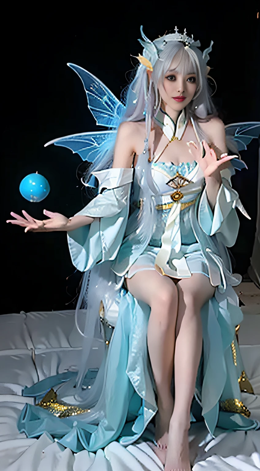 Close-up of women in costumes on stage, full body fairy, beautiful celestial mage, amazing young ethereal characters, beautiful fantasy queen, astral witch costume, sand stream, flowing magic robe, white Hanfu, fairy fantasy, beauty Delfin, ethereal fantasy, elegant and charming cosplay, Hirase Jinyao, lying on the bed, charming, very funny, a sports car, night punk oriental architecture! Lots of neon