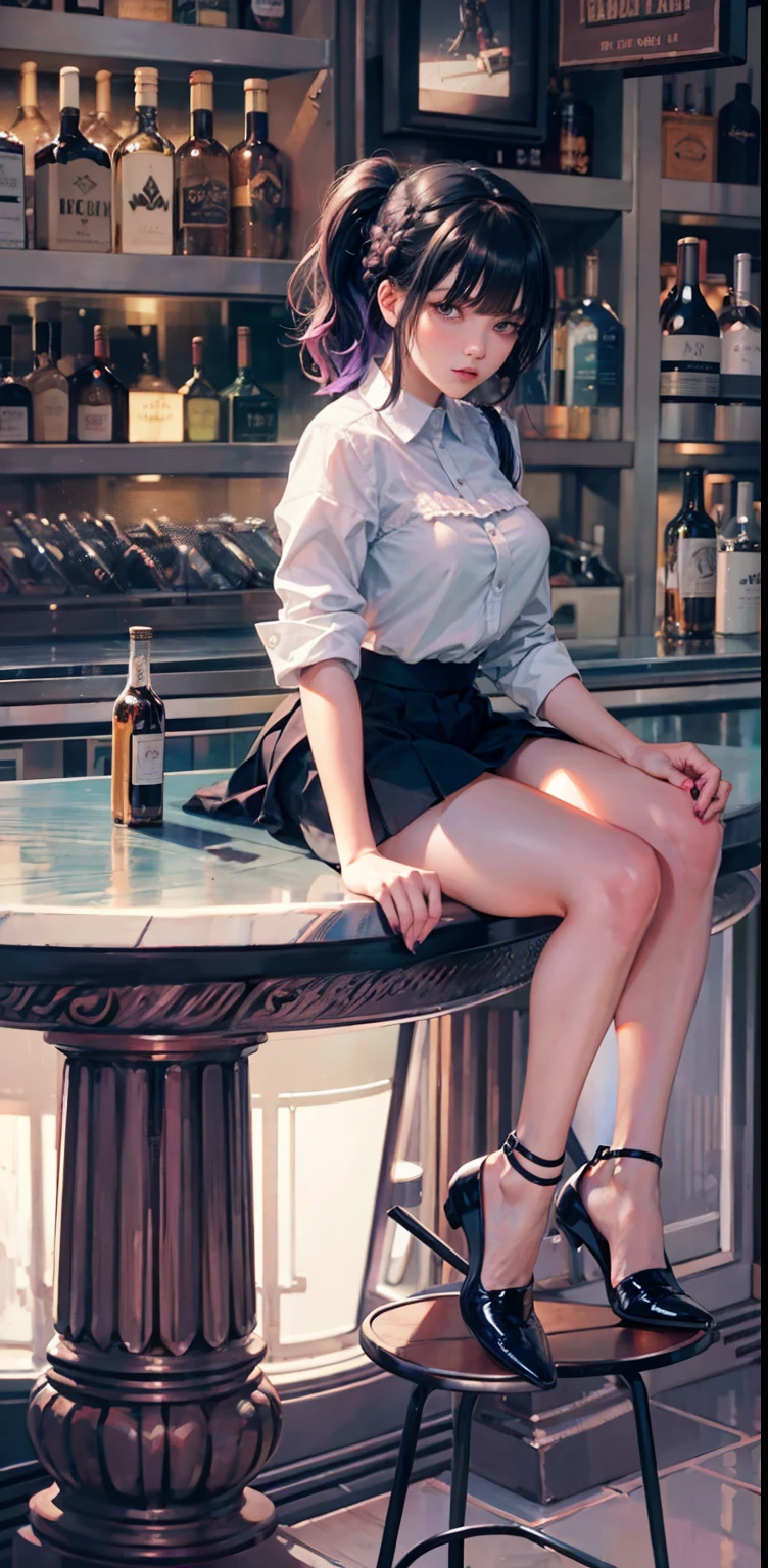 Black hair, one-girl, at a bar, Sit on the bar chairs, drink, Bar, White color blouse, Very short pleated skirt, Walk away, mediuml breasts, Thin waist and thick hips, juicy legs, perfect bodies, Nice face, sexyposture, casting spells, Purple hair, bangs, french braid, drunk, Closed mouth, surrealism, Fuji colors, Cowboy shot, 8K, Super detail, Textured skin, Masterpiece