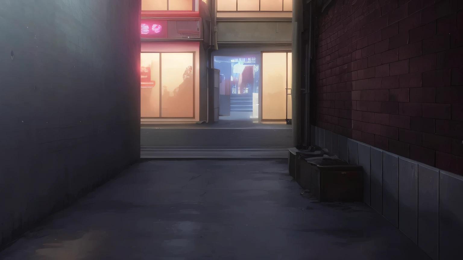 there is a picture of a hallway with a red brick wall, anime background art, anime movie background, anime background, background art, anime scene, colorful anime movie background, tokyo anime scene, random background scene, street background, anime style cityscape, cyberpunk back alley, background in a cinematic, cyberpunk alley, hd anime cityscape, beautiful anime scene