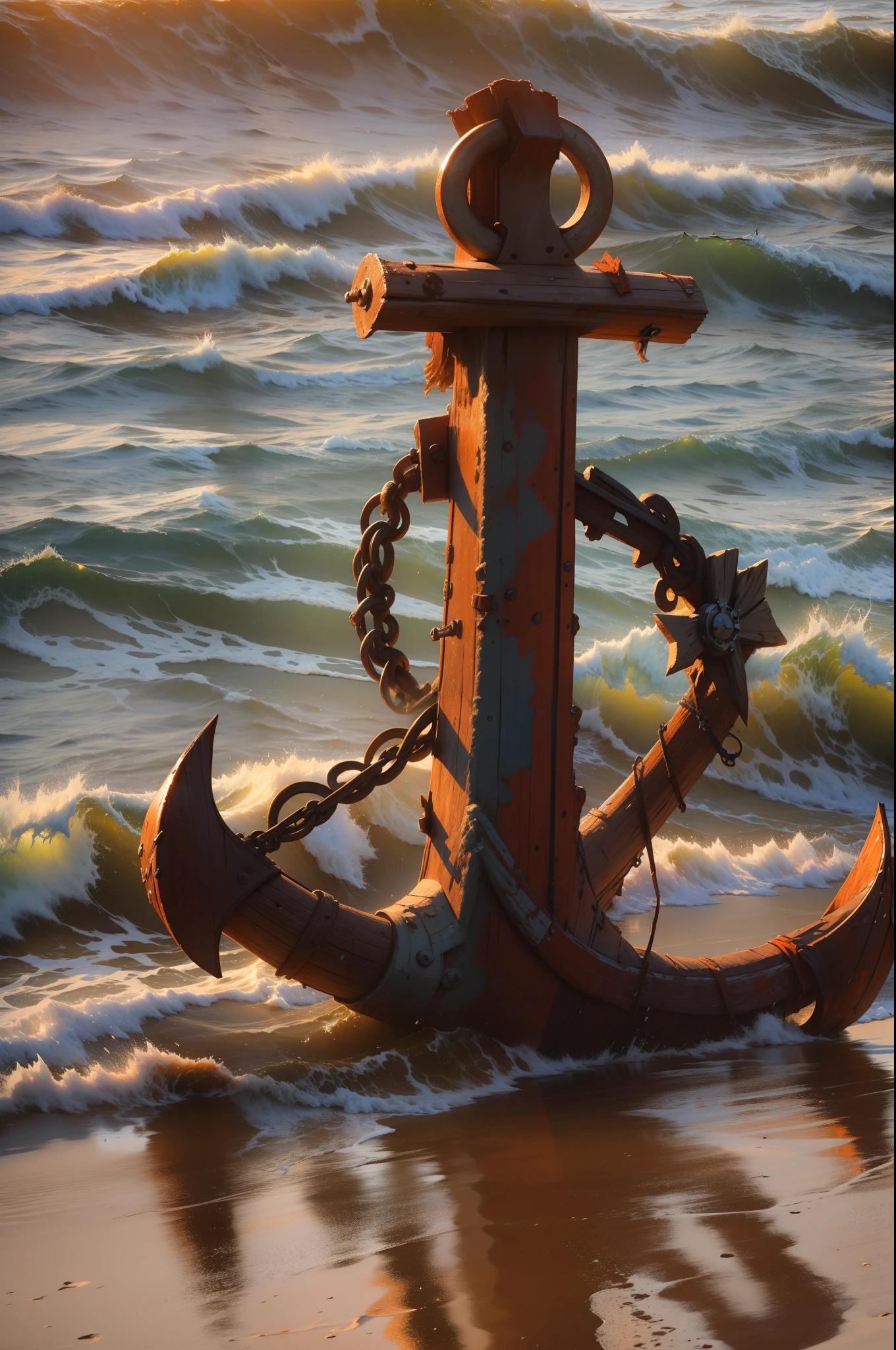 An old rusty pirate ship anchor stranded on the beach, Sun reflected in the water and waves in a late afternoon, aconchegante