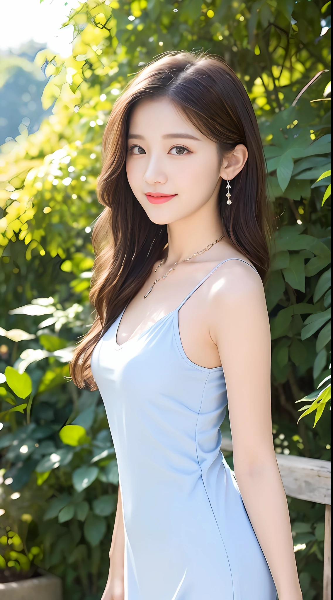 hentail realism,18 years old beautiful and cute girl, tmasterpiece, Best quality at best,Crystal necklace, A delicate and beautiful girl,He has big eyes of God,Long eyelashes,beautiful pupil,The eyes are sweet and there are lying silkworms,A sweet smile,(face fill light),outside,Shangri-La,Garden background,with blue sky and white clouds,Sexy girl with S-shaped body,20yr old,Smooth wavy weave,With a petite figure,Tight fitting shirts,Slip dress,shift dresses,Stunning beauty