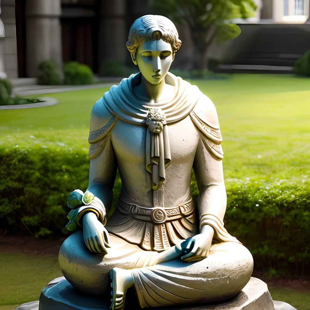 Make a thoughtful stone statue, com um ambiente meio claro