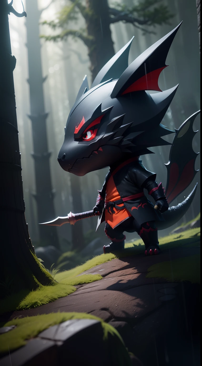 Create a vibrant dark fantasy cute ninja Dragon in a clean-lined minimalistic cartoon style, in the background a beautiful forest, rain, octane render, 8k