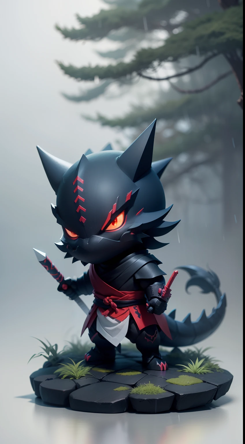 Create a vibrant dark fantasy cute ninja Dragon in a clean-lined minimalistic cartoon style, in the background a beautiful forest, rain, octane render, 8k