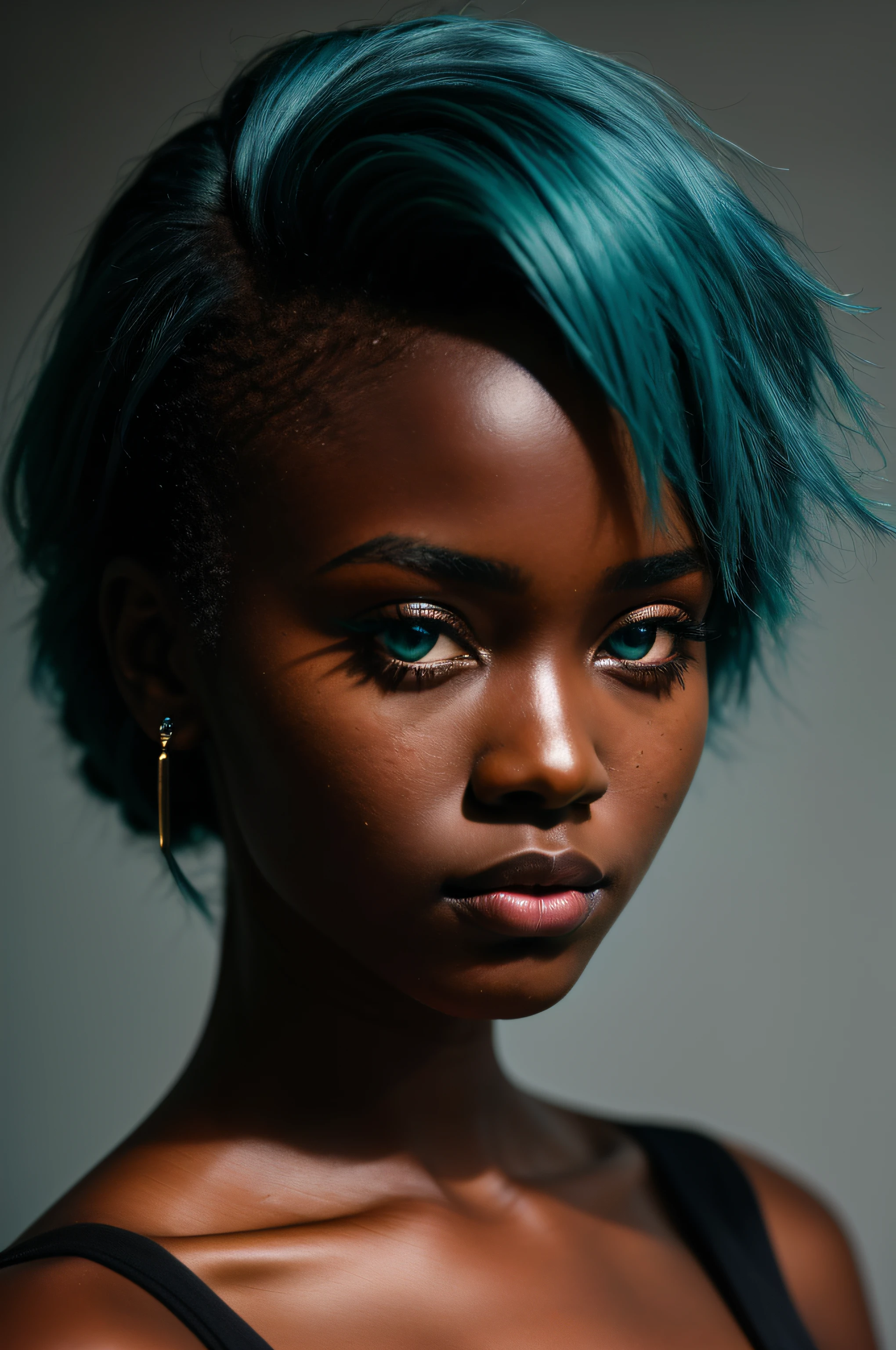 (8k, RAW photo, highest quality), beautiful young ebony girl, teal hair, teal eyes, sad, close up, dress, (detailed eyes:0.8), (looking at the camera:1.4), (highest quality), (best shadow), intricate details, interior, dark studio, muted colors, (to8contrast style),