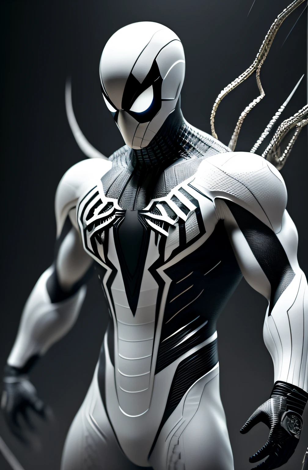 (8k, foto RAW, melhor qualidade, obra-prima: 1.2), ultra detalhado, arte oficial, foto-realista: 1.37, spider man, black suit, spider in the center of your chest in white, organic looking clothing, gooey testura, symbiote, white eyes, fine art, PS5 cinematic screenshot,highly detailed detailed cinematic rendering, ultra photorealistic raytricing, with cinematic lightingpose de ação