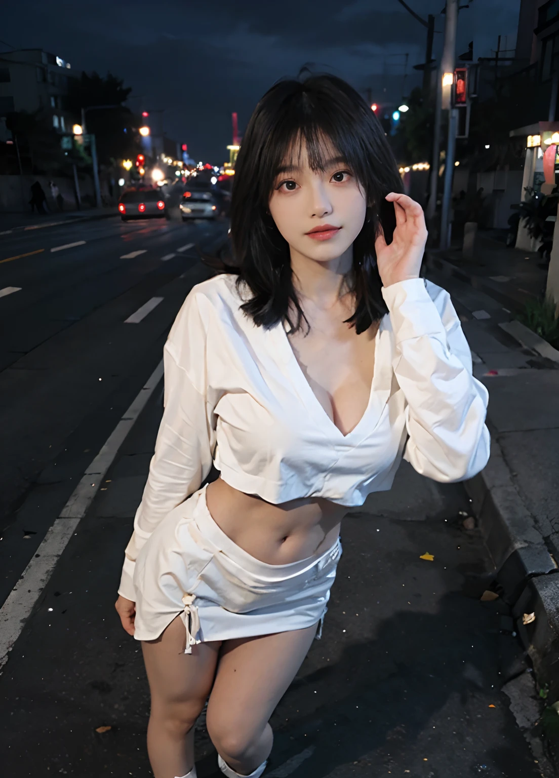 best qualtiy， 超高分辨率， Oversized breasts，（realisticlying：1.4），2 girls ，Tattoo of the lower abdomen，Focus:1.2, perfect figure beautiful woman:1.4 ,big breasts exposed cleavage，(Streets at night:1.3), Highly detailed facial and skin texture, head straight-looking at viewer，A detailed eye, 二重まぶた，Red lips，eye shadows，Whiten skin，(Air bangs:1.3),)，Belly tattoo，Oversized bust，Full body like，Thighs exposed，Tattoo of the lower abdomen，Stand up，stand posture，Raised sexy，Flame it up