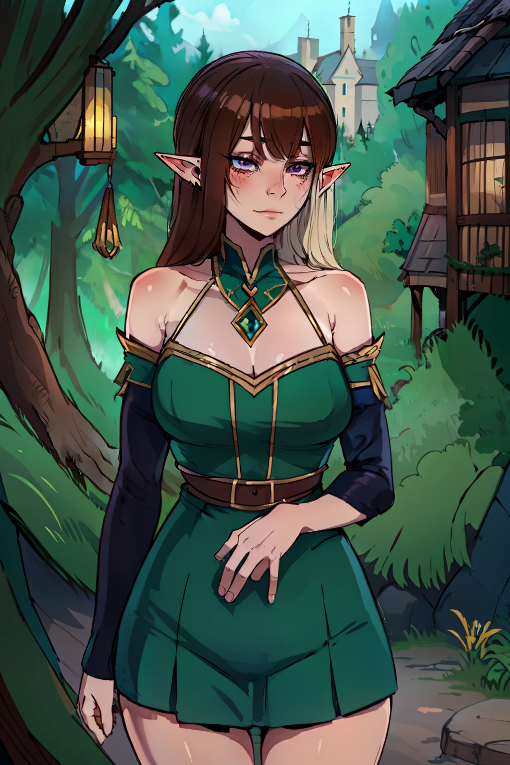 "Beautiful young elf girl, wearing an unrevealing and conservative green dress, standing innocently outside of an elfish village house decorated with elfish ornamentation and patterns, long brown hair with fringe, purple eyes, elf ears, submissive, obedient, innocent, best quality, masterpiece, ultra-detailed, award winning art, portrait"