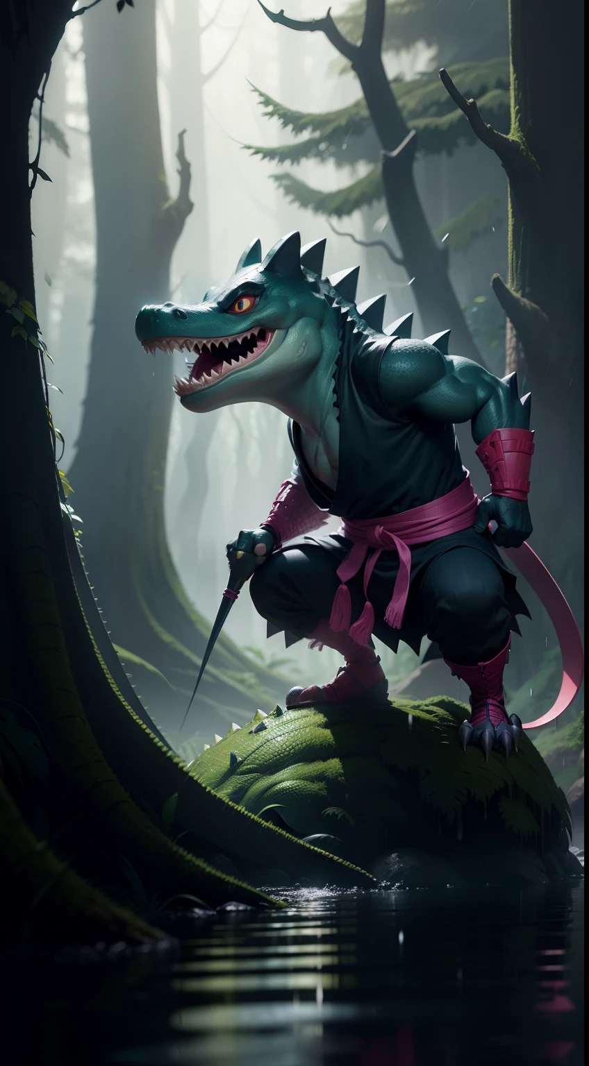 Create a vibrant dark fantasy cute ninja crocodile in a clean-lined minimalistic cartoon style, in the background a beautiful forest, rain, octane render, 8k