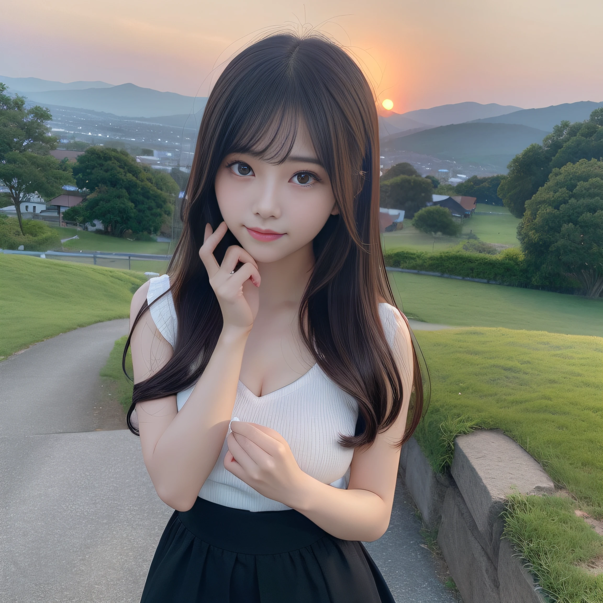 in 8K、(realisitic、Photorealsitic:1.37)、(masterpiece:1.2)、(top-quality:1.4)、(超A high resolution:1.2)、(Raw photography:1.2)、(foco nítido:1.3)、(facefocus:1.2)、(full bodyesbian:1.5)、(30-years old:1.6)、1girl in, (Solo:1.5), Long hair、A dark-haired、Black eyes、 Fashionable clothes:1.3、 plein air、Shy smile, The sky is infinitely wide、landscapes, Hillwith a good view:1.4、Beautiful detailed eyes、dual、Look at viewers, (cute little)、nogizaka、middlebreasts、thighs thighs thighs thighs、Backshots:1.3、detailed finger、Delicate fingertips、Well-formed face、Beautiful sunset、Gravure Pose
