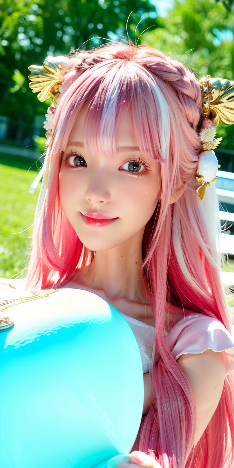 (8K, 4K, Best Quality, hight resolution:1.2), (maasterpiece, Realistic, photographrealistic:1.37), 1girl in, Solo, Beautiful face, Eyelashes, Nose, Glossy lips, (Detailed eyes, Looking at Viewer, Fair skin, White skin:1.5), fine complexion, Upper body,
Large breasts, busty, , (:1.5),
outdoor bath,
two side up, absurdly long hair, Blonde hair, Pink hair, Bangs, Hair Ornament, Bow,
Younger, aged down,A pink-haired