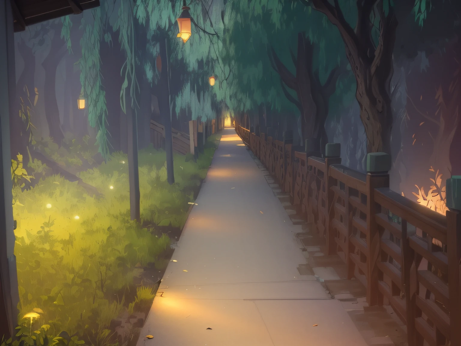 There is a wooden walkway next to the tree, wood bridges, green alley, pedestrian walkway, With sidewalks, pedestrian walkway, tree-lined path at sunset, Riverside at night