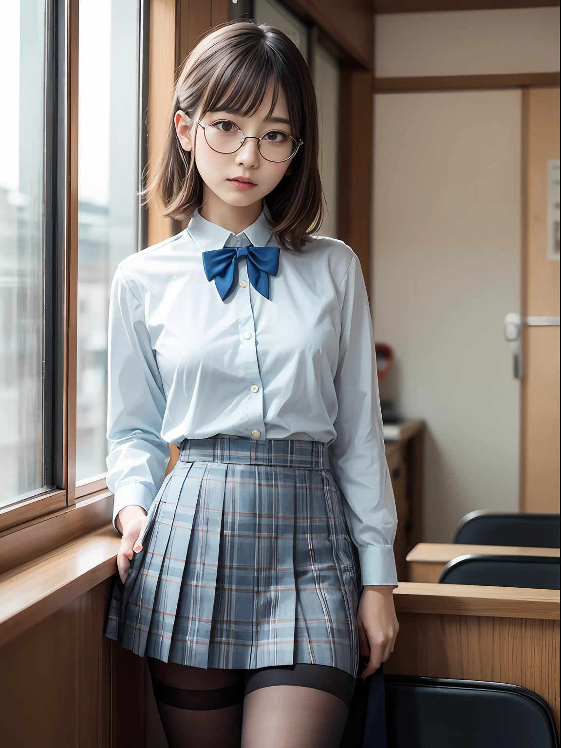 (8K、Raw photography、top-quality、masterpiece:1.2),(bob cuts),cocky,School,watching at viewers,Looking at the front,Muchimuchi,Erotic,Pupils,(Light blue bra seen through the shirt),de pele branca,kne,(Black pantyhose),absurderes,a small face,small tits,flat breast,Parting the bangs from the middle、Forehead visible,(a cold expression,Tight eyes,glares,Bullish,skinny,Rasping,irate)、masterpiece,top-quality、超A high resolution,Raw photo,ren,Beautiful fece,One Person, 独奏,eye glass,,Dark look,Small breasts,fullllbody,Round glasses、cute little,JK school uniform,hi-school girl,A Japanese Lady,is standing,(Photorealsitic:1.37)、Photon mapping,Realistic、Beautie,Cute little face,Brown-eyed、Black socks、(Red bow tie)、Radio City、Physically Based Rendering、depth of fields、Blurry background、a picture,Body,teens girl,beauty legs, Long legs, Thin leg,(Bangs are visible), hair, s lips, Blue_The eye, nosesoft,(Light blue shirt), (Navy and blue and white plaid pleated skirt), Knees are visible,Sheer clothing,, Thigh, Black cotton socks,Nogizaka Idol, 女優, Japanese ido
