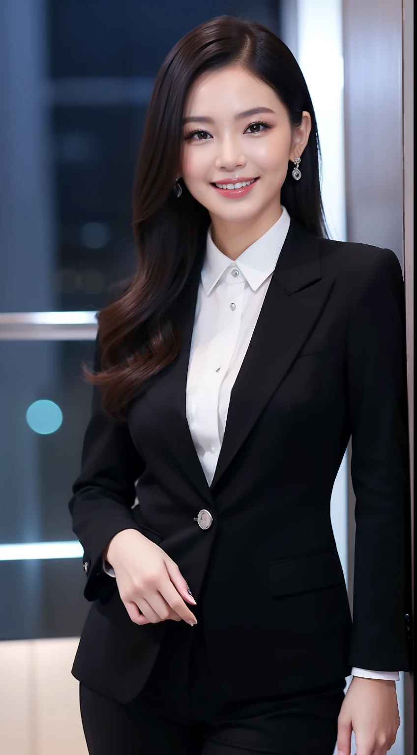 1. **Elegant business woman**:
   - AI beauty in stylish black pantsuit、Stop with a confident smile in front of a skyscraper。