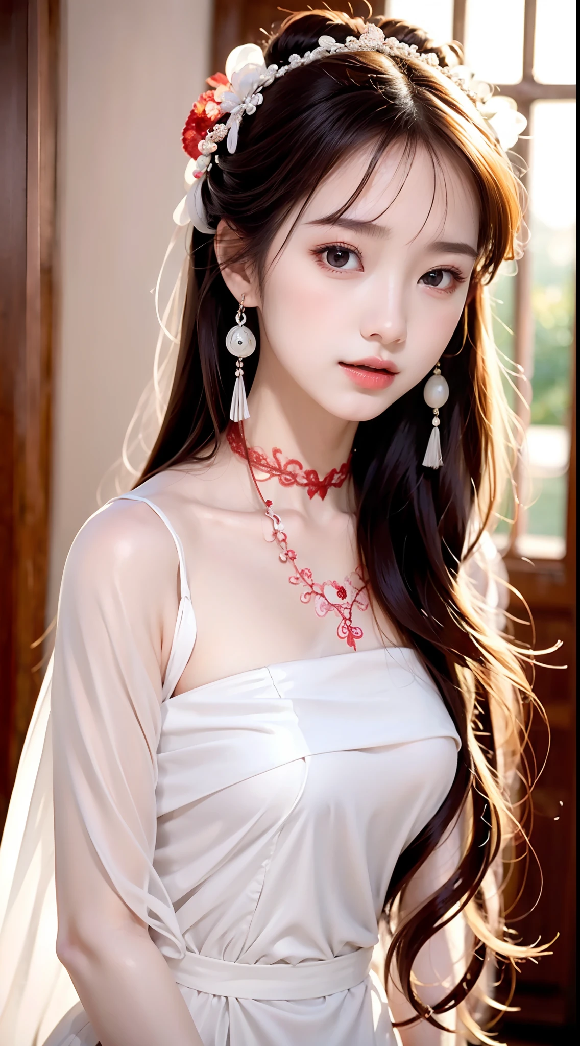 Best quality at best， tmasterpiece， beautiful  face， 1girll， Long_Hair， 独奏， The upper part of the body_Body， Porcelain dress，shift dresses，hair adornments， choker necklace， jewely， long whitr hair， 耳Nipple Ring， Chinese outfit(8K, RAW photo, Photorealistic:1.25) ,( Gloss on lips, eyeslashes, gloss face, Glossy glossy skin, best qualtiy, 超高分辨率, depth of fields, color difference, Caustics, Wide light, naturalshadow, Kpop idol) Being in the room，European style，sitted，sliver long hair，White cheongsam，Red trim，Medium chest detail,8K resolution,超高分辨率,A young girl, A cute girl，short detailed hair，hair-bun，lipsticks，Tassel earrings，choker necklace，Black clear eyes，Smooth hair,鎖骨,Exquisite and perfect facial features, the most beautiful big eyes,Long eyelashes,The eyes are sweet and there are lying silkworms，dynamic angle,Extreme picture quality,Highest precision,Precise and perfect human anatomy，(((Antique tulle red Hanfu，Red embroidery)))，((sitted))，Warm scene，超高分辨率，Ultra-clear vintage black flowing hair，Delicate bun）By bangs，（Long flowing hair，With a bun:1.3）），Delicate collarbones，beautiful make up，Exquisite and perfect facial features，，Big watery eyes，Lying silkworm，Long eyelashes，The eyes are sweet and have eye shadow，Slim waist，Do not show your hands，，lipsticks，Blushlush，Delicate earring earrings，pearls necklace