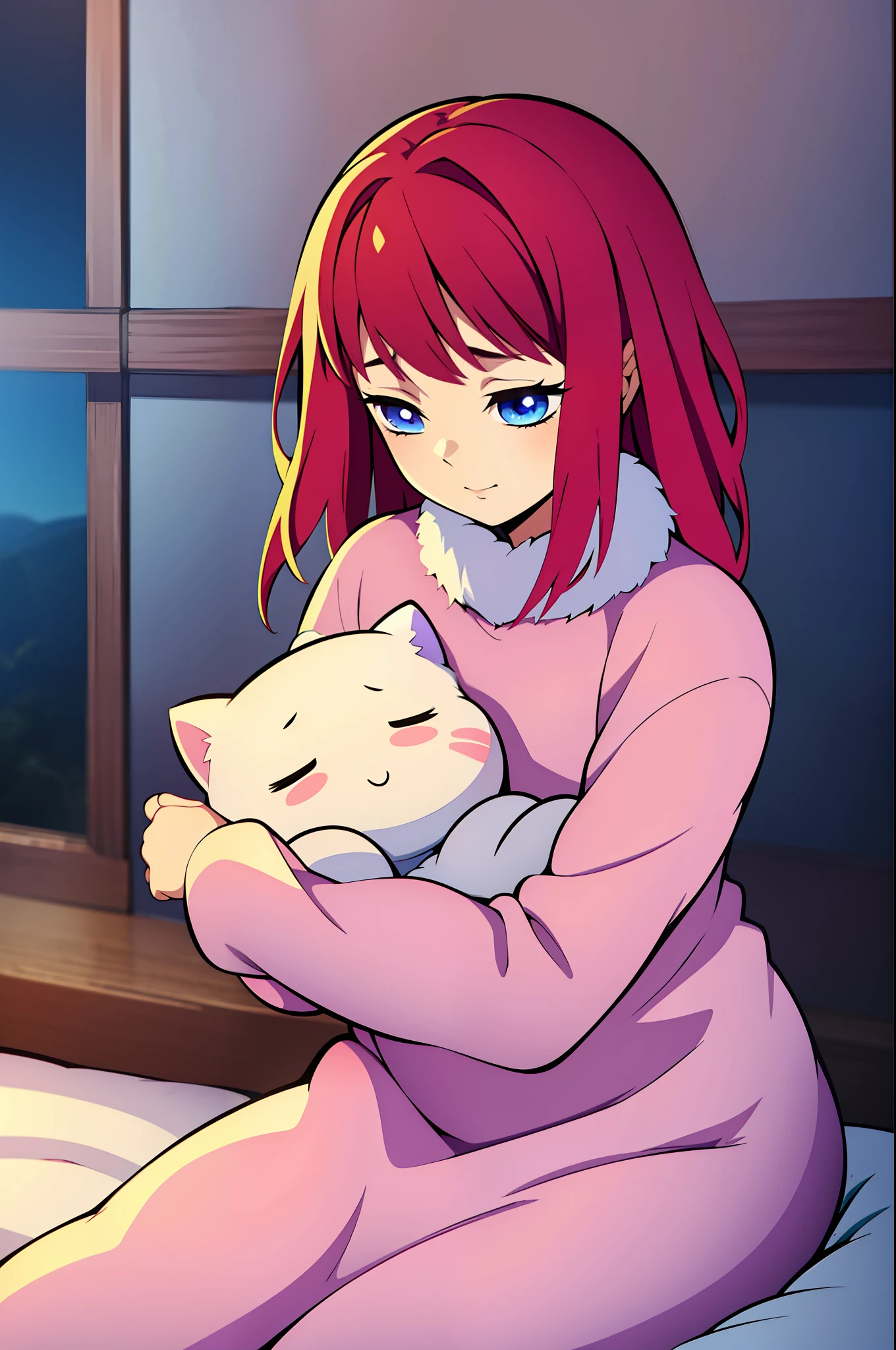 Picture Lily, a sweet anime girl with vibrant red hair that cascades like a waterfall of flames. Her eyes, a mesmerizing shade of blue, hold a sleepy twinkle that adds to her irresistible charm. Cradled in her arms is a plush cat with fur as soft as a cloud, perfectly complementing Lily's gentle aura. Dressed in cozy pastels, she radiates an innocent and heartwarming presence. Lily's endearing yawn and dreamy expression make her an embodiment of cuteness and relaxation. Whether she's embarking on a sleepy adventure or simply enjoying a quiet moment, her adorably drowsy gaze invites you to join her in a world of coziness and wonder